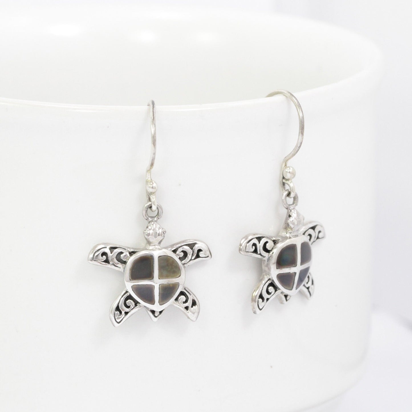 silver turtle earrings 925 sterling silver decorated with black shell