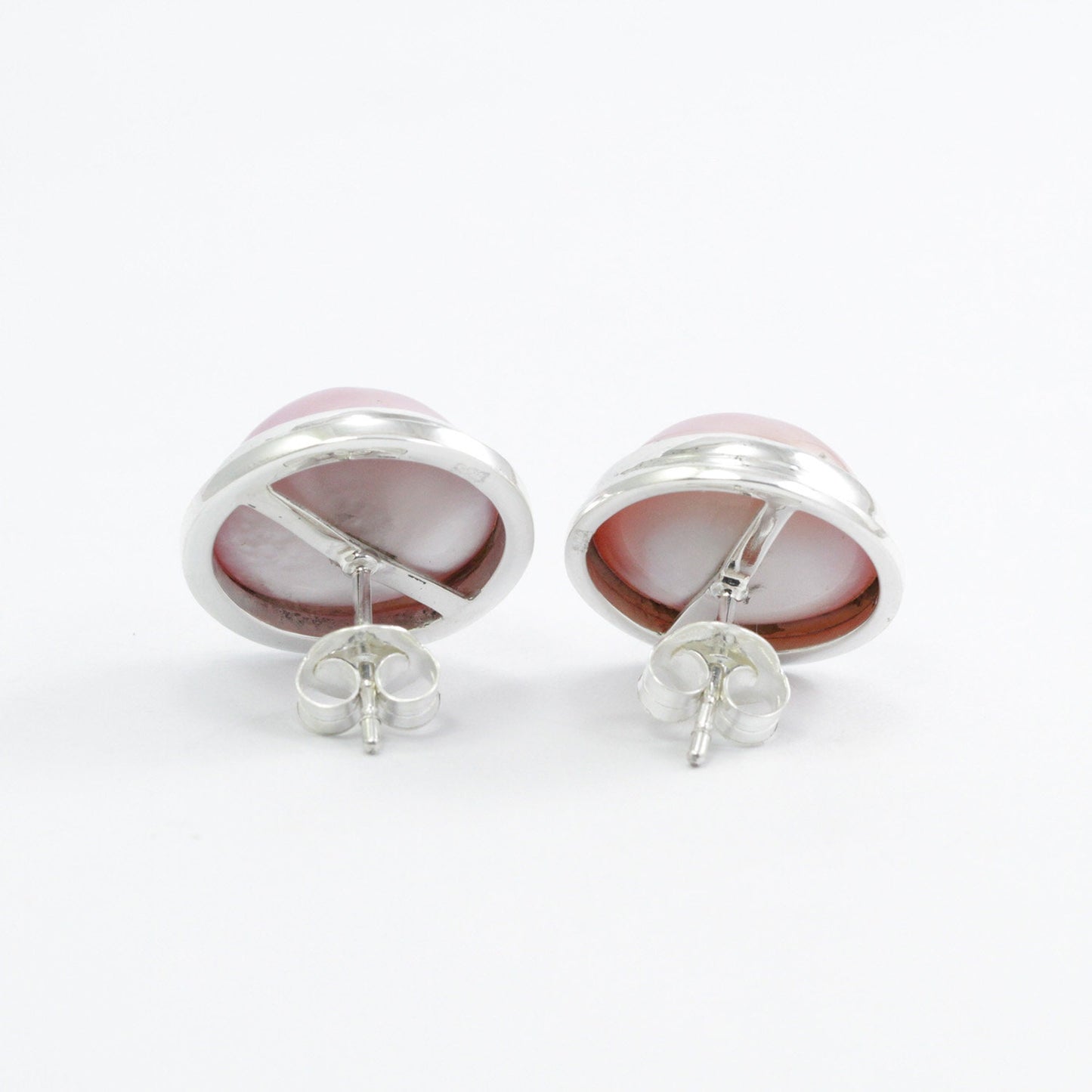 Pink mabe Pearl Earrings 925 Sterling Silver 15 mm wide with Double Bezel handmade Setting