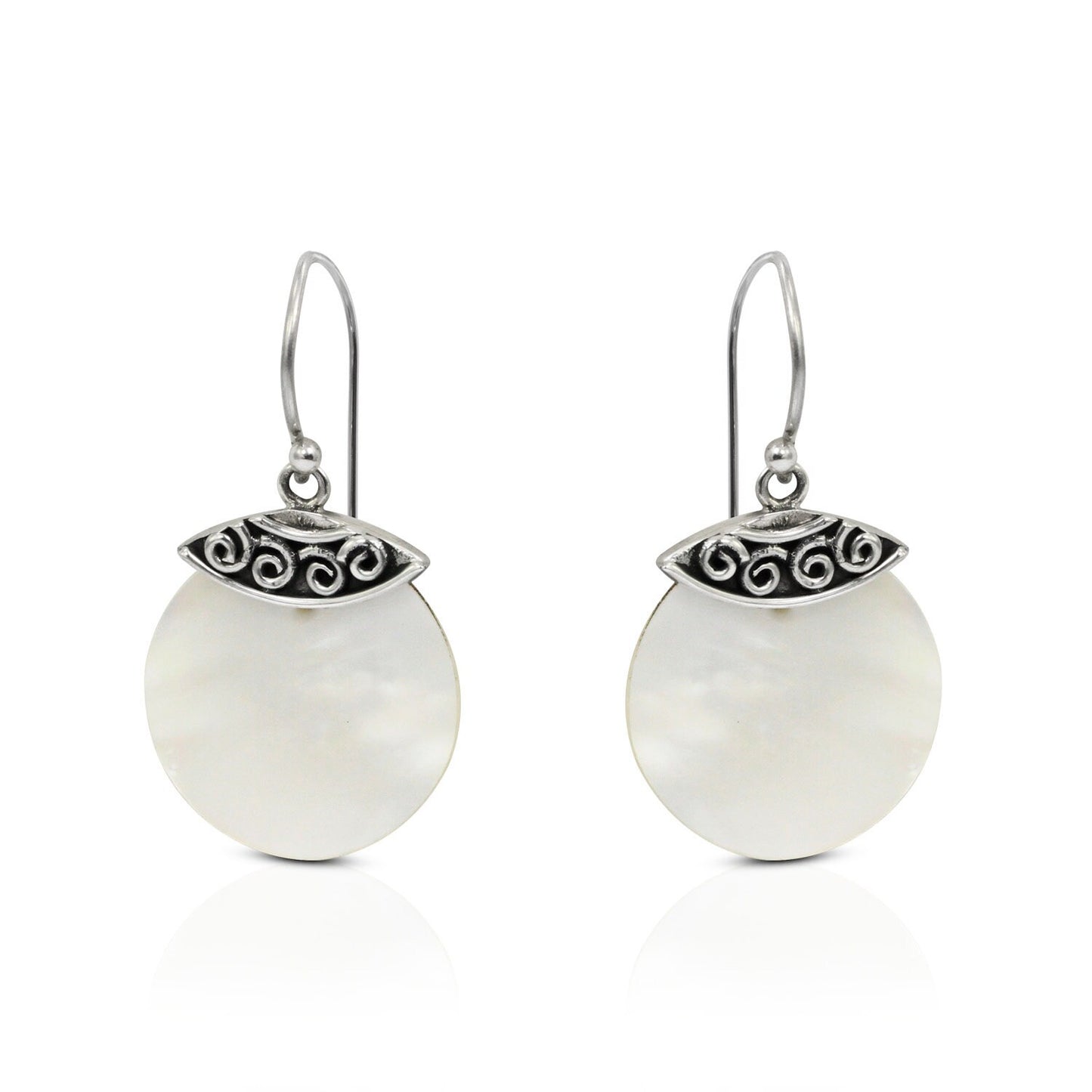 circle earrings 925 sterling silver with genuine white shell and antique filigree ornament