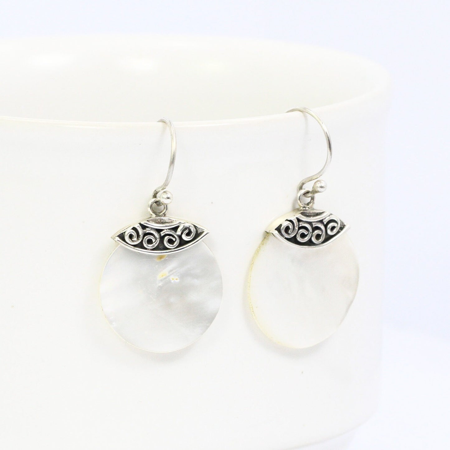 circle earrings 925 sterling silver with genuine white shell and antique filigree ornament