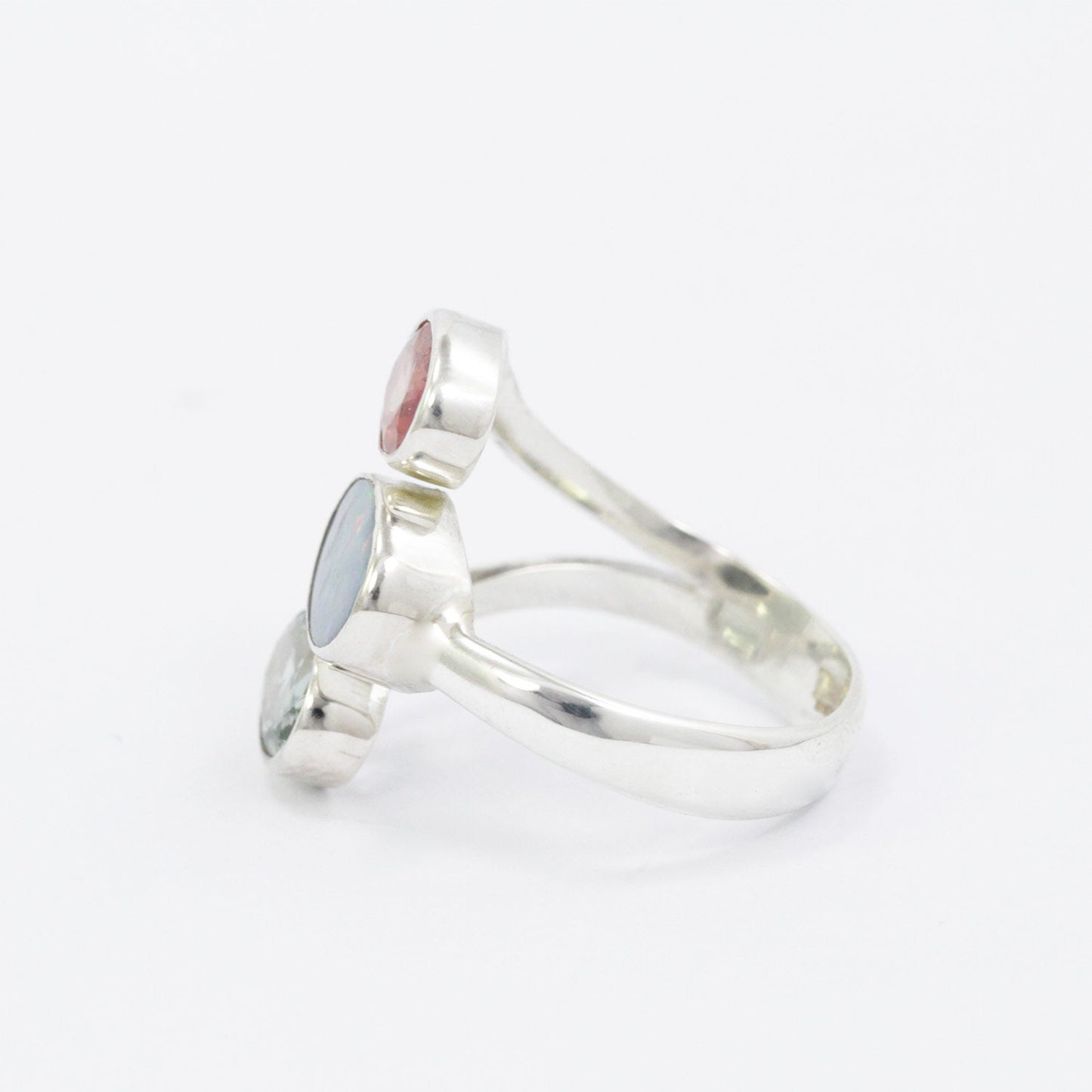Three stone ring 925 sterling silver bypass with natural Pink and green tourmaline,