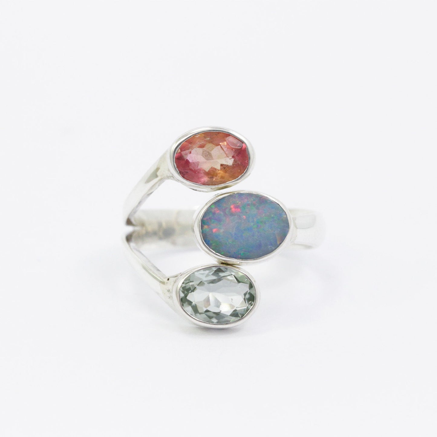 Three stone ring 925 sterling silver bypass with natural Pink and green tourmaline,