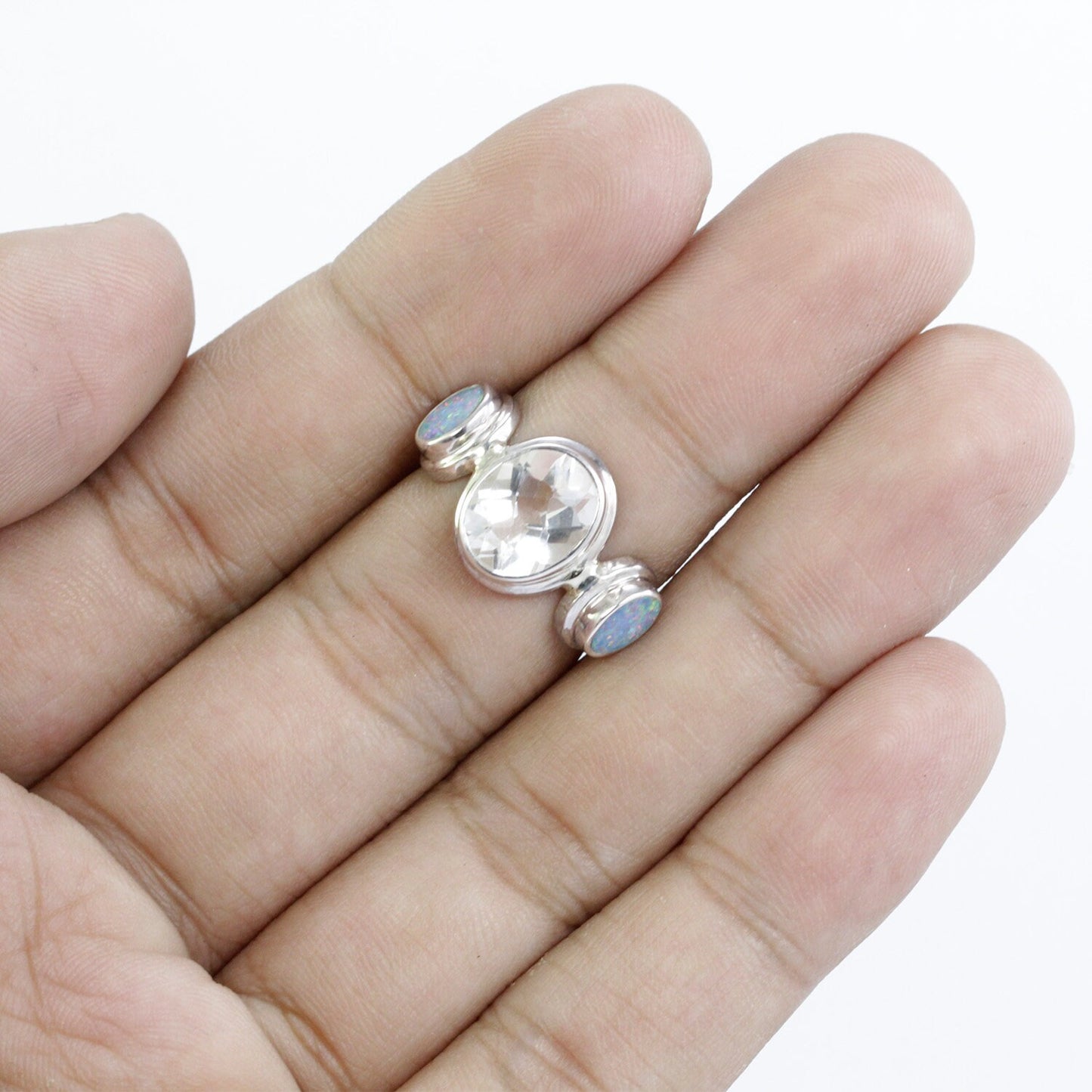 white crystal ring 925 sterling silver with fire opal bezel set, three stone ring