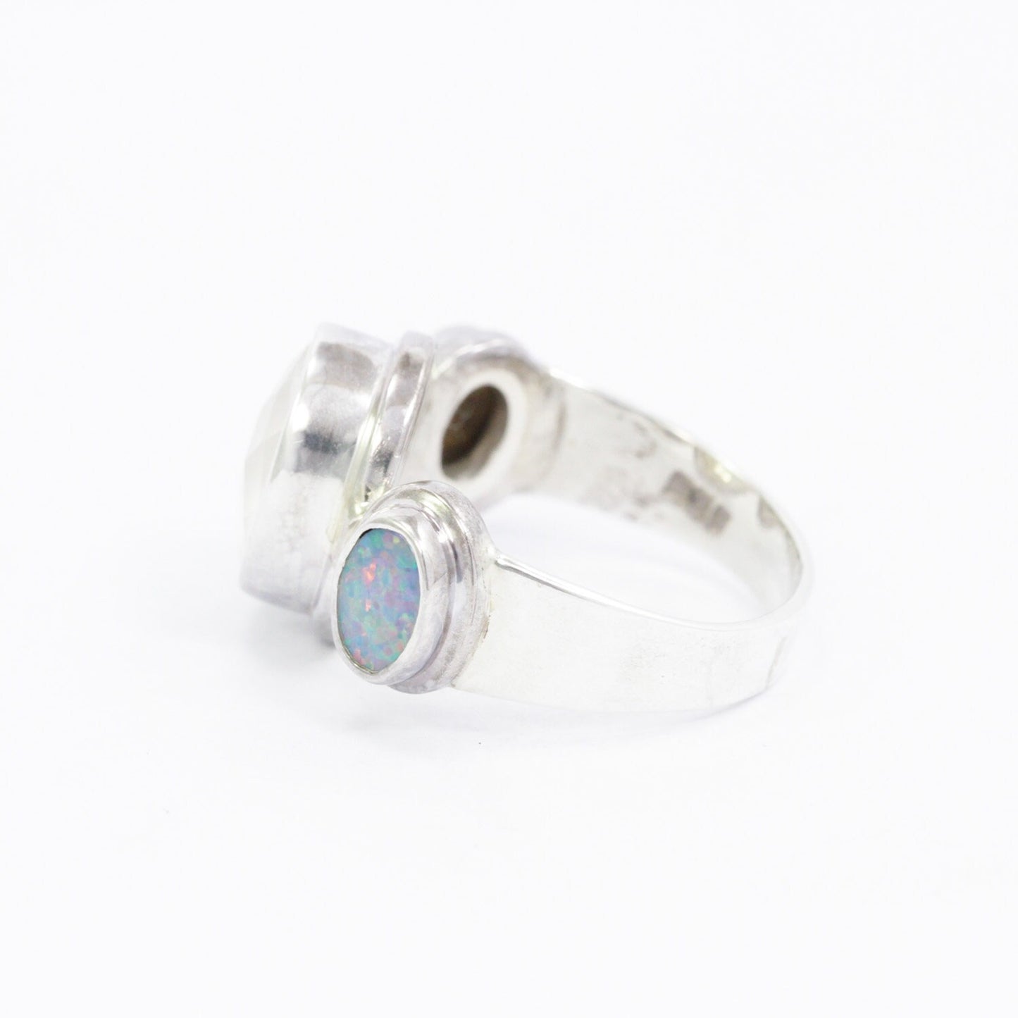 white crystal ring 925 sterling silver with fire opal bezel set, three stone ring