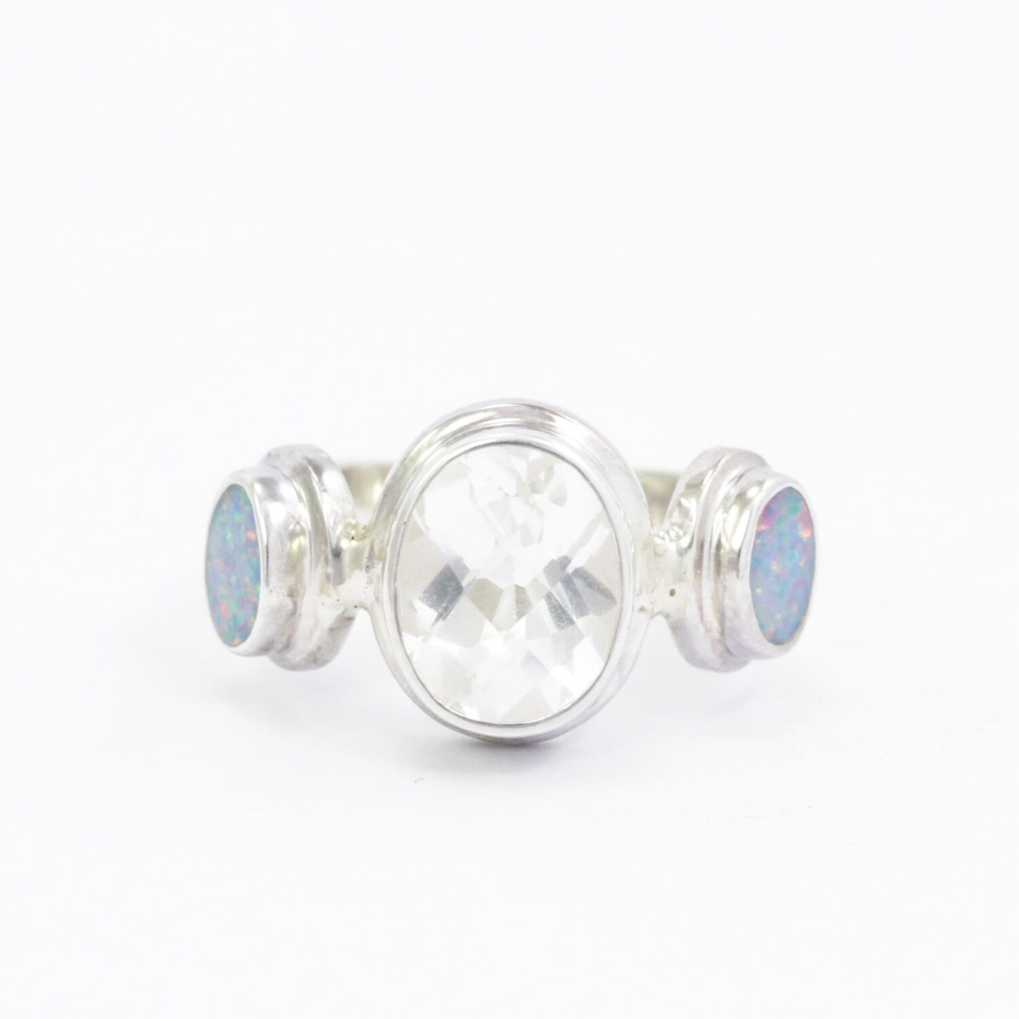 white crystal ring 925 sterling silver with fire opal bezel set, three stone ring