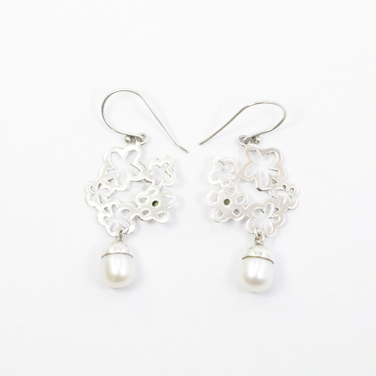 flower earrings 925 sterling silver with genuine green peridot and freshwater pearl drop