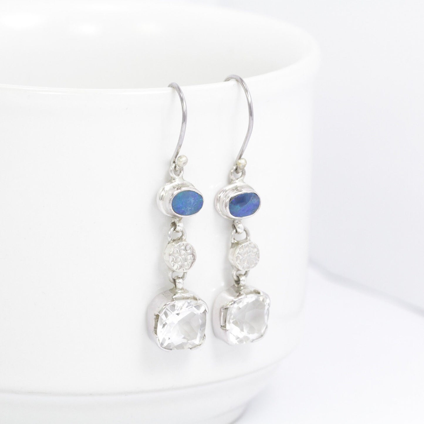 Opal Earrings 925 sterling silver with Natural Crystal Clear dangle drop