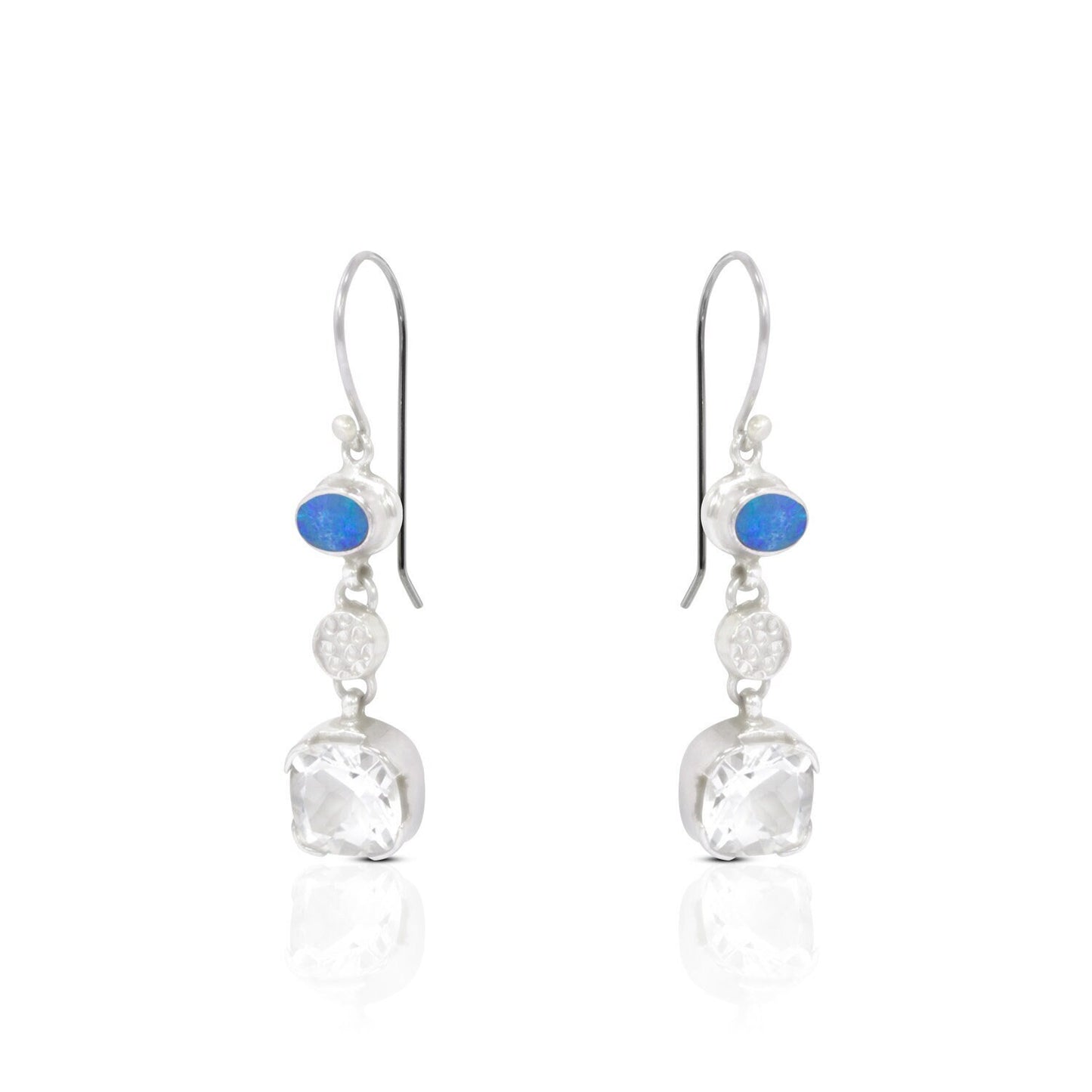 Opal Earrings 925 sterling silver with Natural Crystal Clear dangle drop