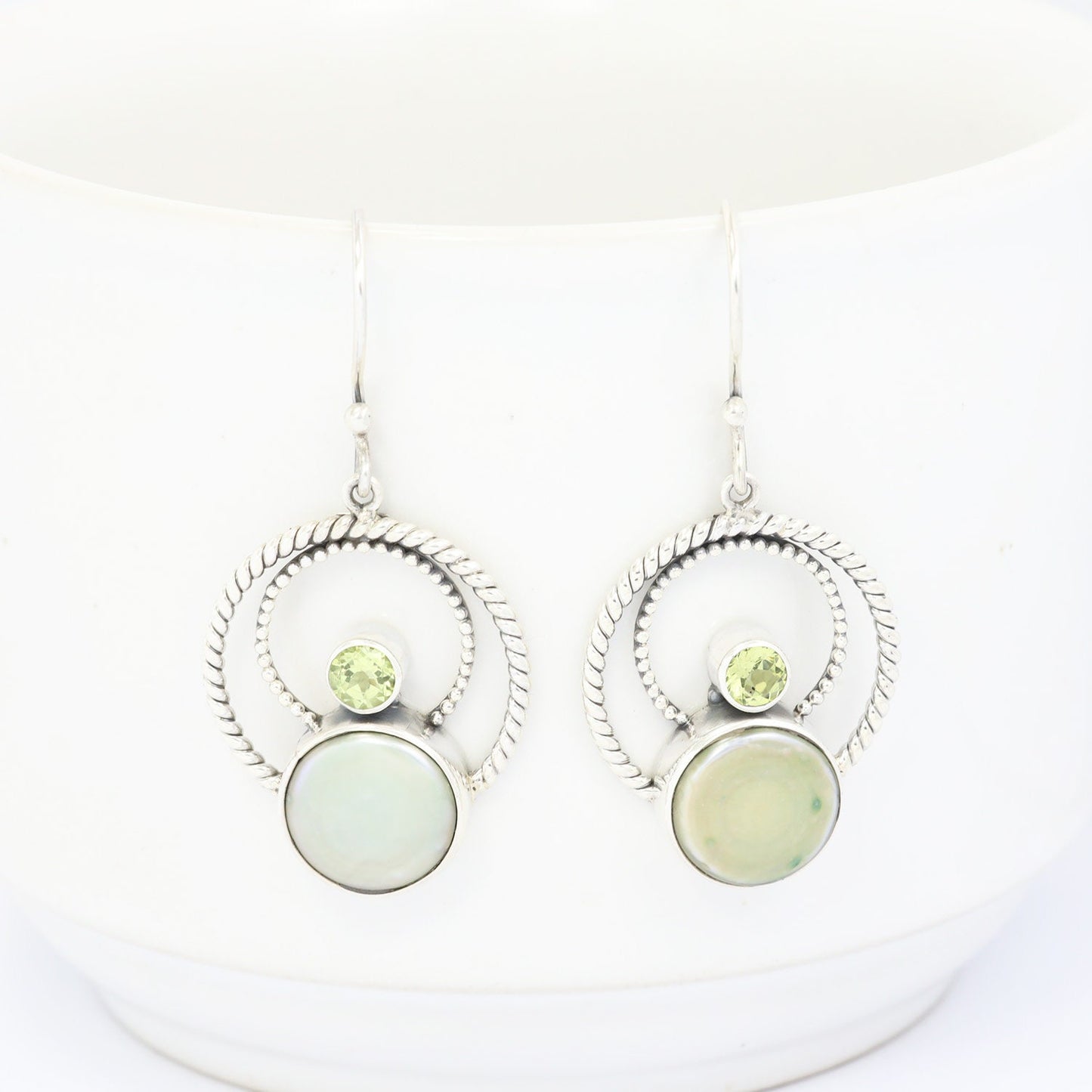 green pearl earrings 925 sterling silver with genuine green peridot decorated with cable rope