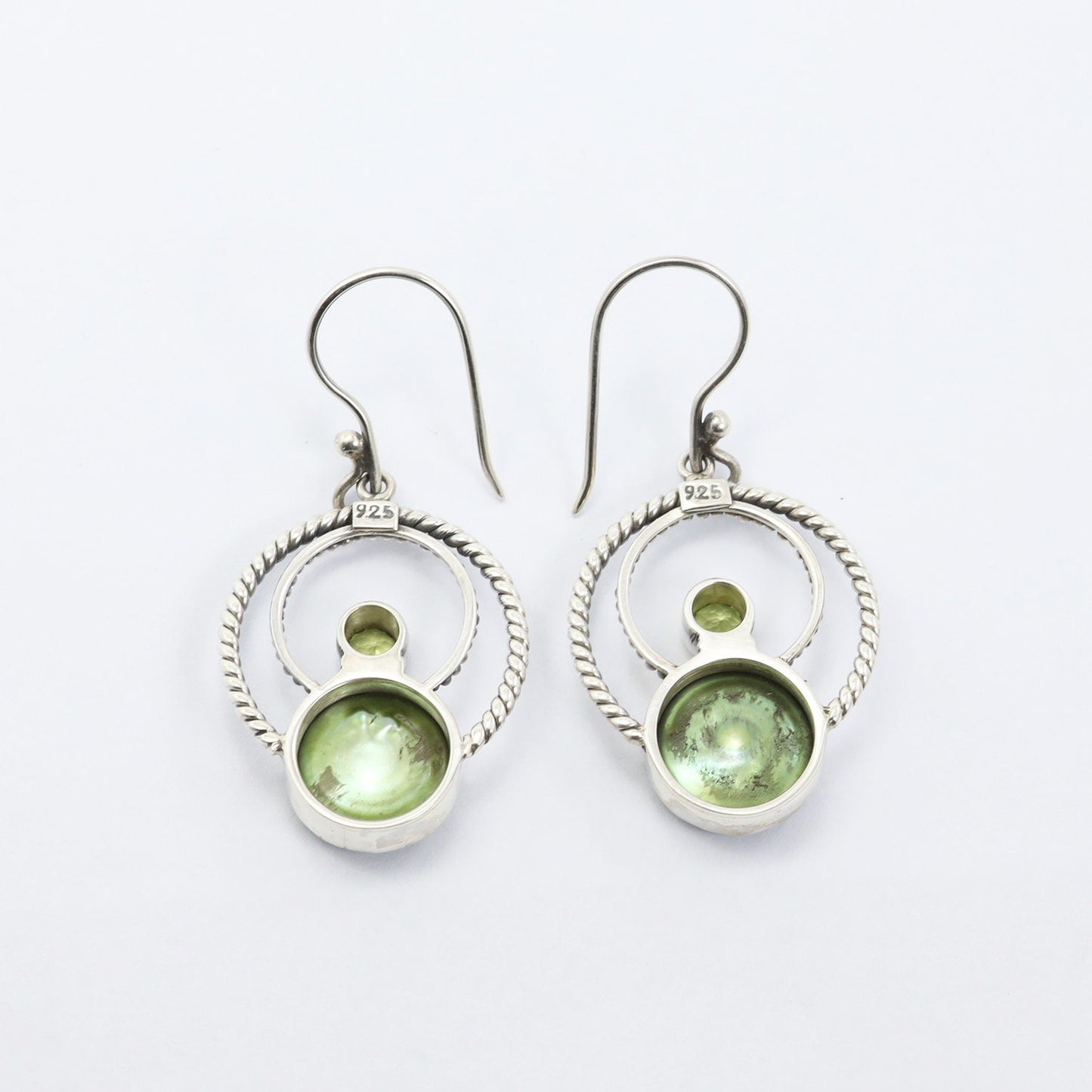 green pearl earrings 925 sterling silver with genuine green peridot decorated with cable rope