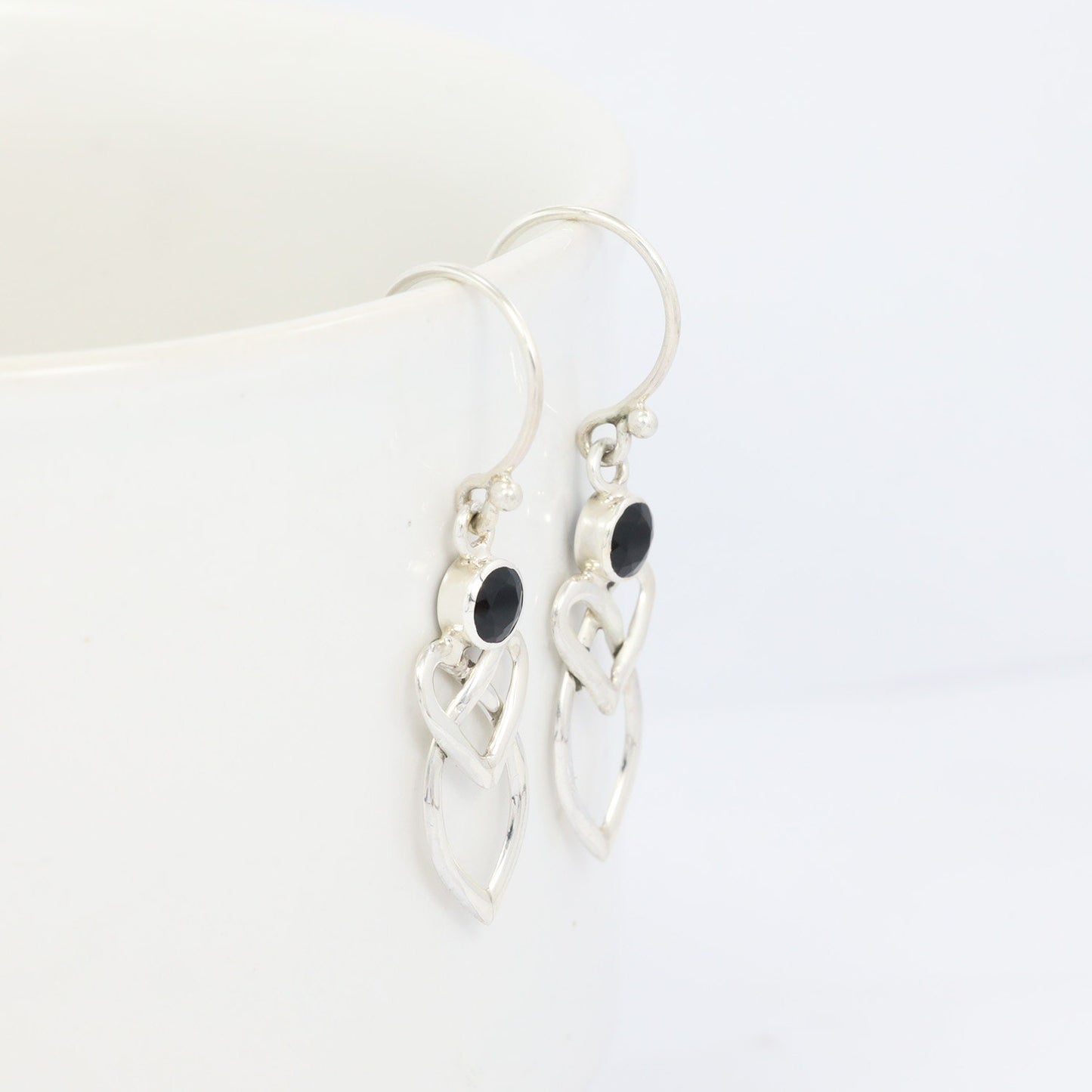 Celtic earrings 925 sterling silver with genuine onyx bezel set dangle drop