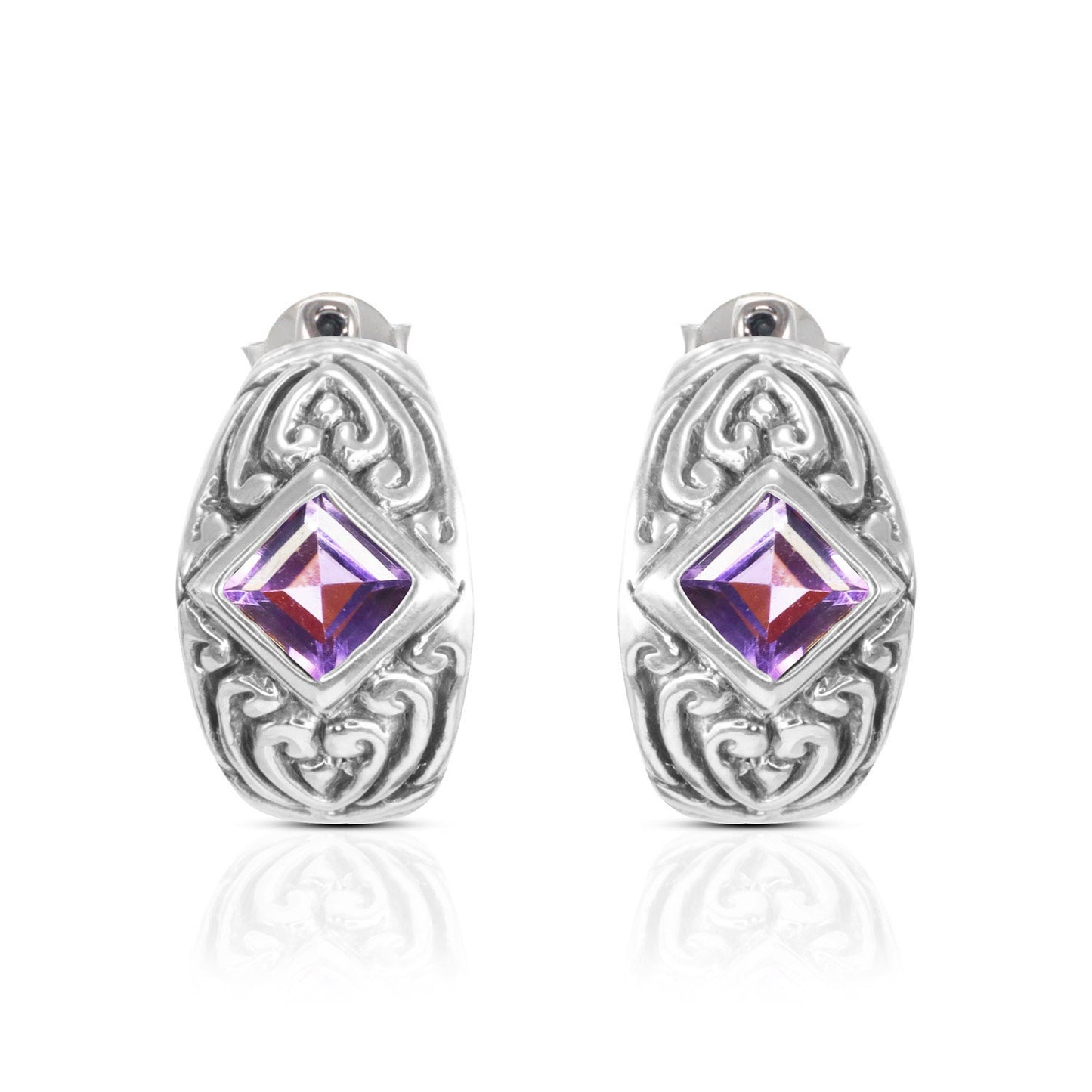 Hoops earrings 925 sterling silver with genuine square amethyst