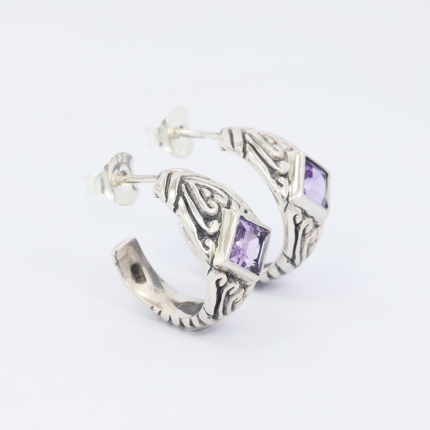 Hoops earrings 925 sterling silver with genuine square amethyst