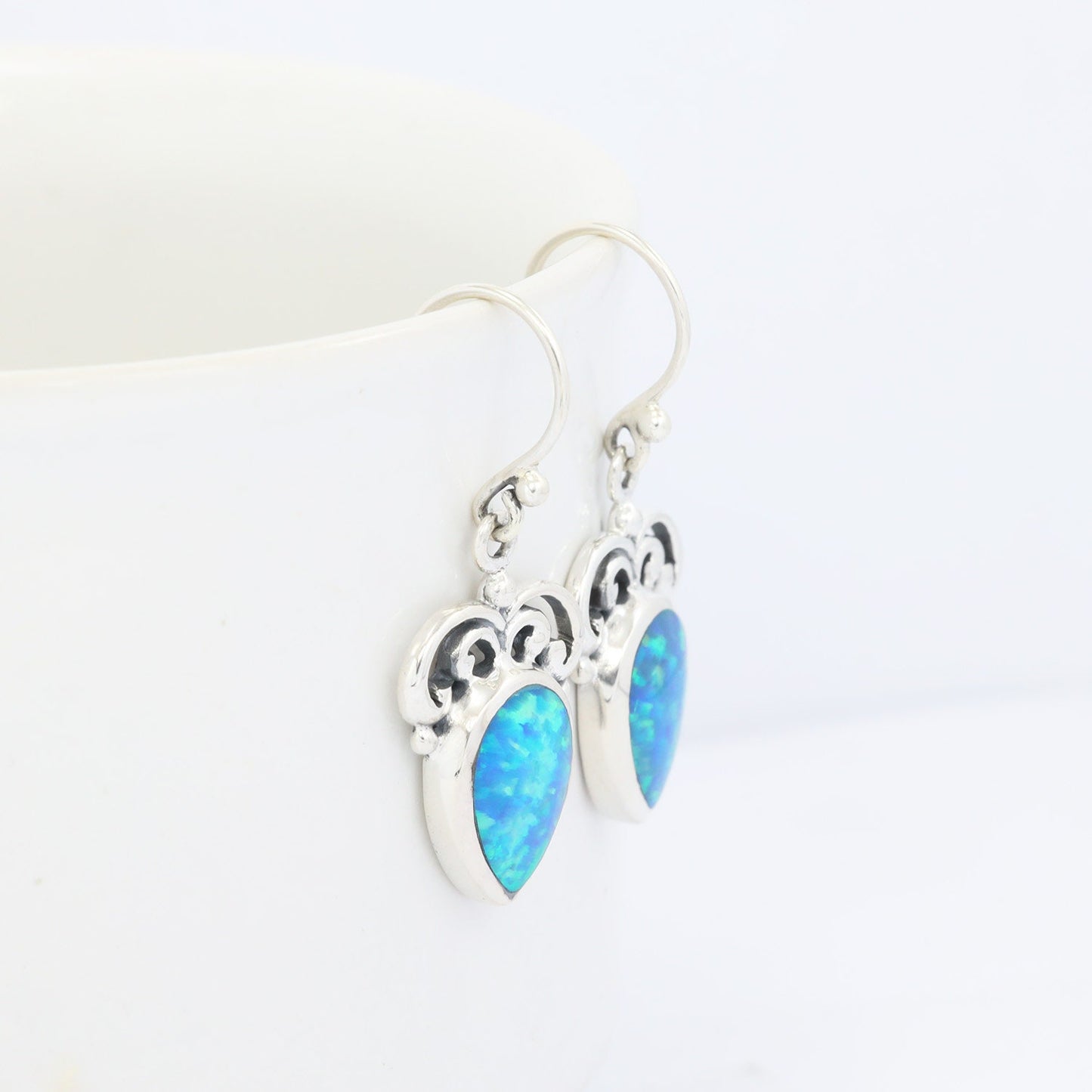 simulated Opal Earrings in 925 Sterling Silver decorated with Balinese Ornament