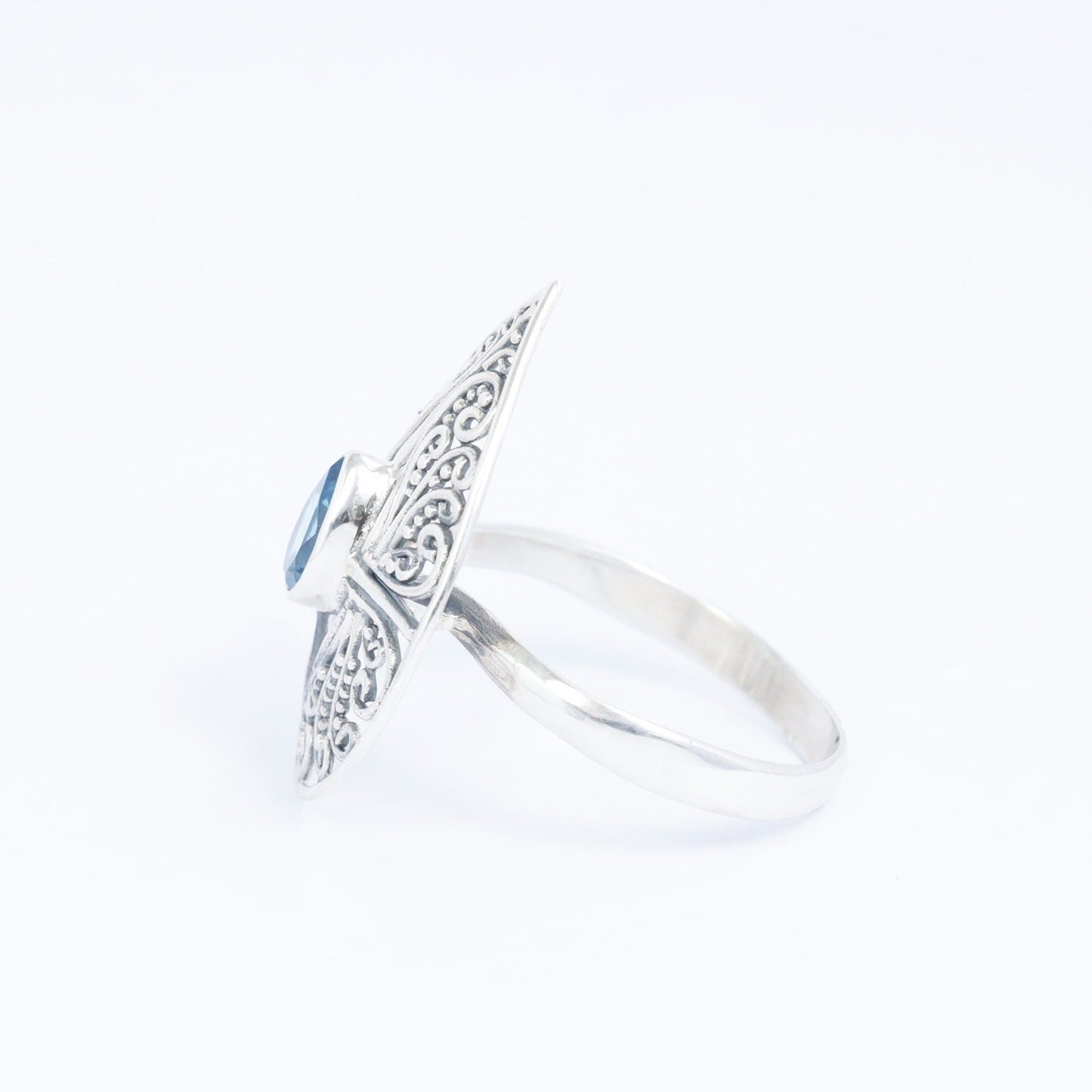 filigree ring 925 sterling silver handmade open work with genuine blue topaz tear drop shape