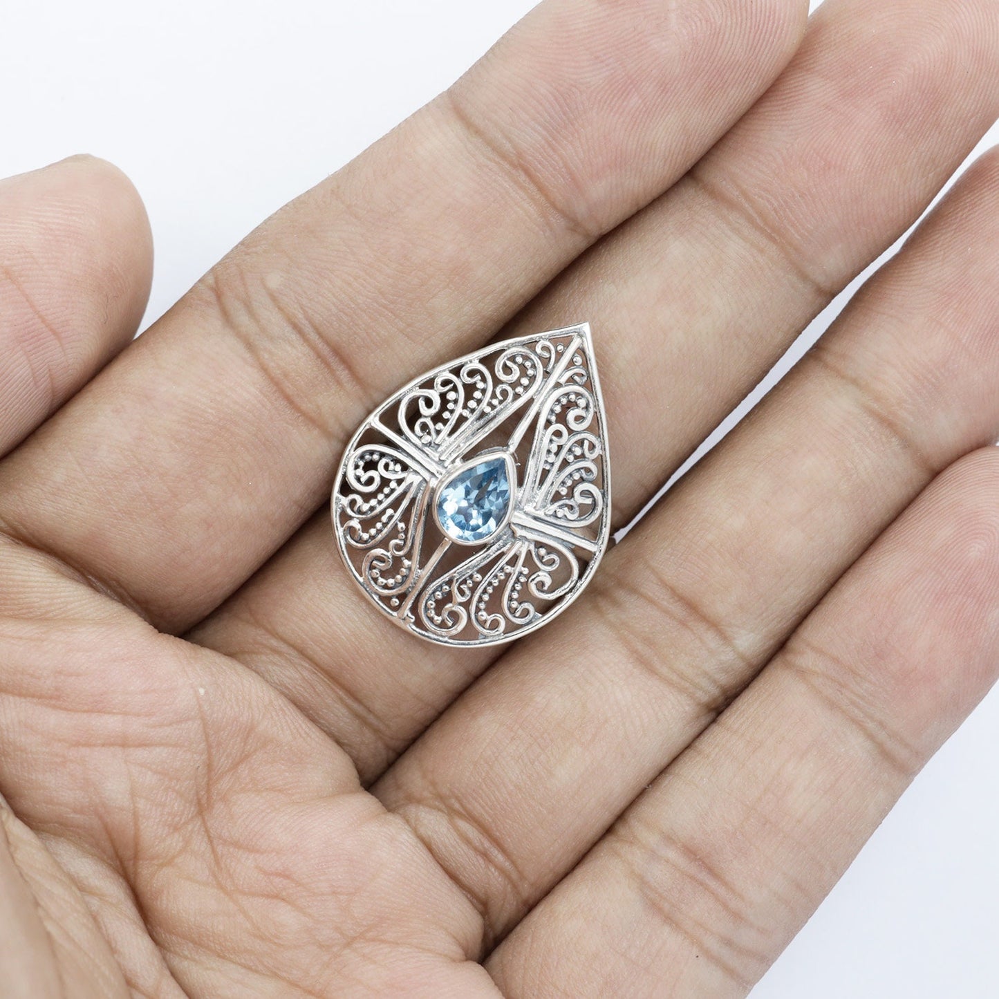 filigree ring 925 sterling silver handmade open work with genuine blue topaz tear drop shape