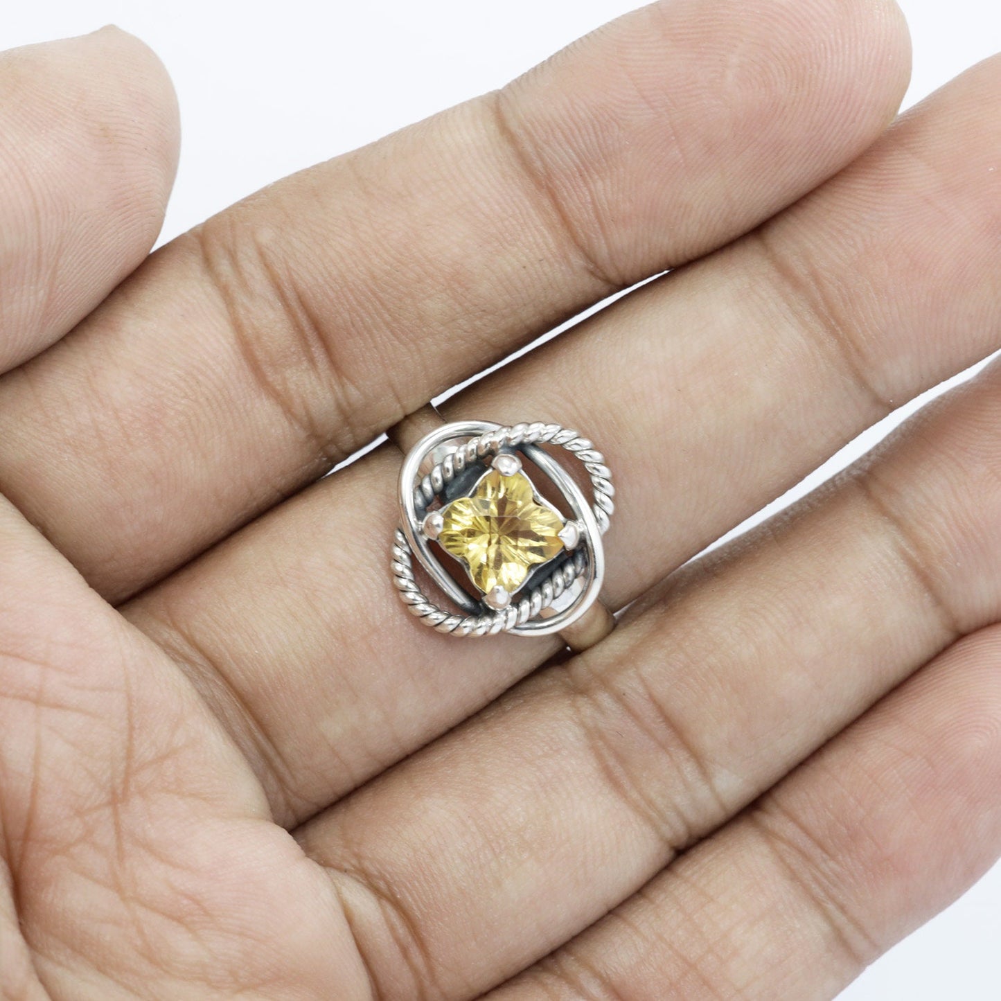 yellow citrine ring 925 sterling silver with cable style rope edge