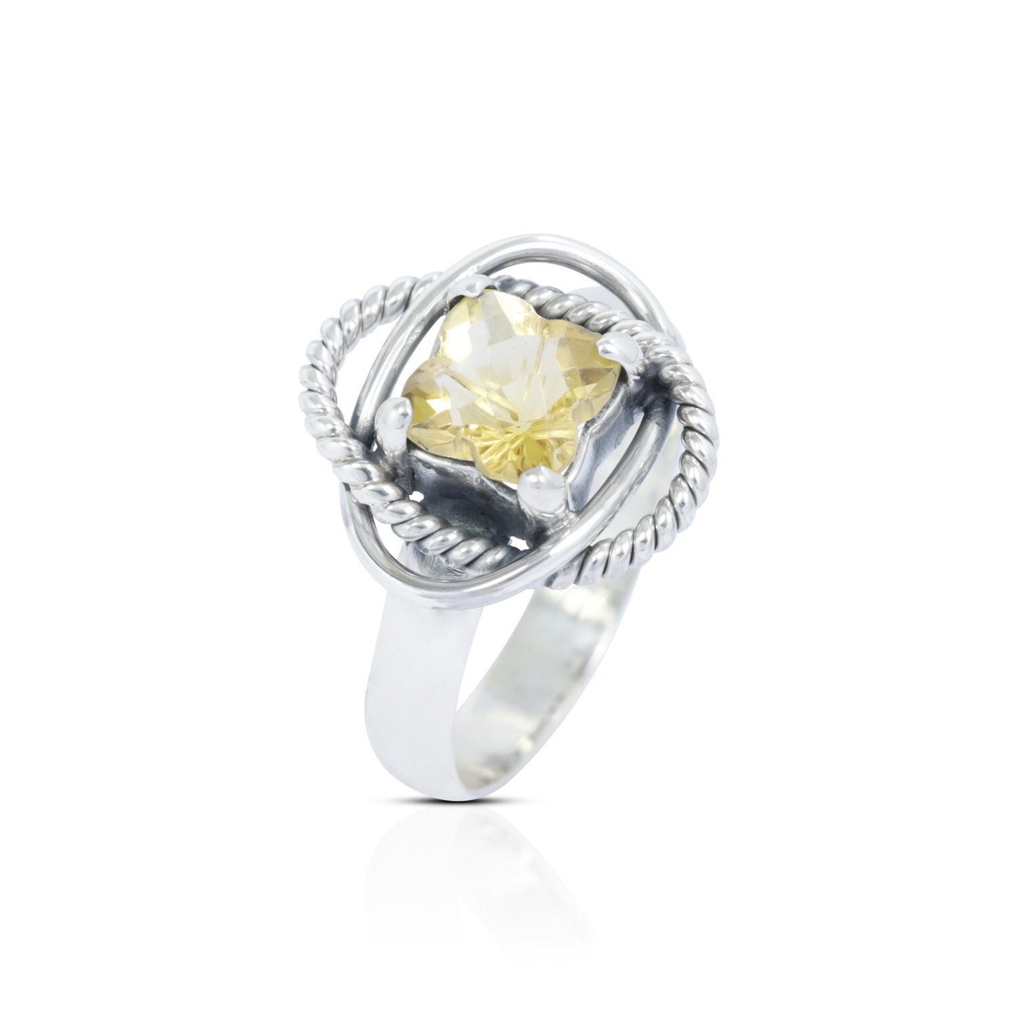 yellow citrine ring 925 sterling silver with cable style rope edge
