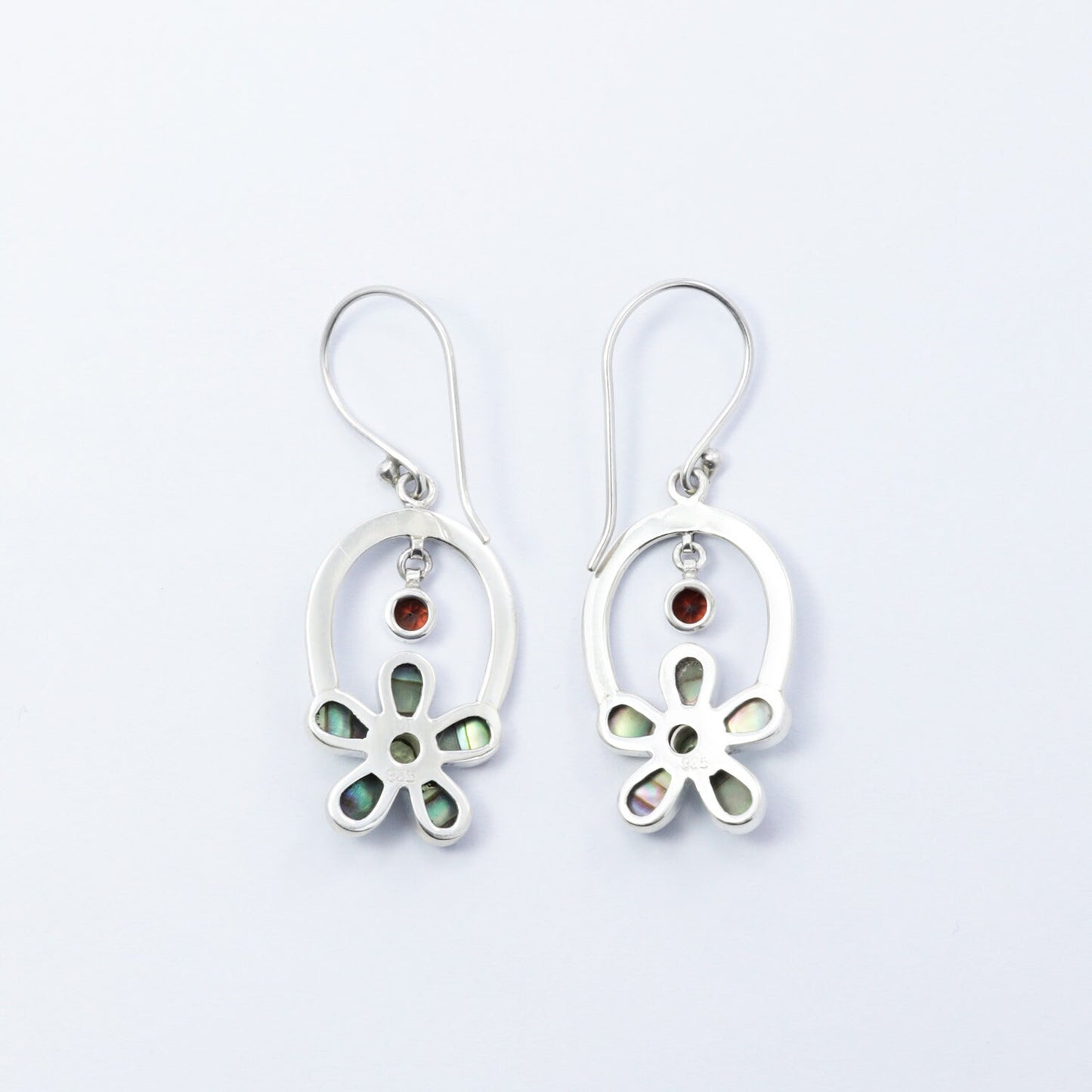 flower earrings 925 sterling silver with genuine paua shell and natural red garnet with green peridot