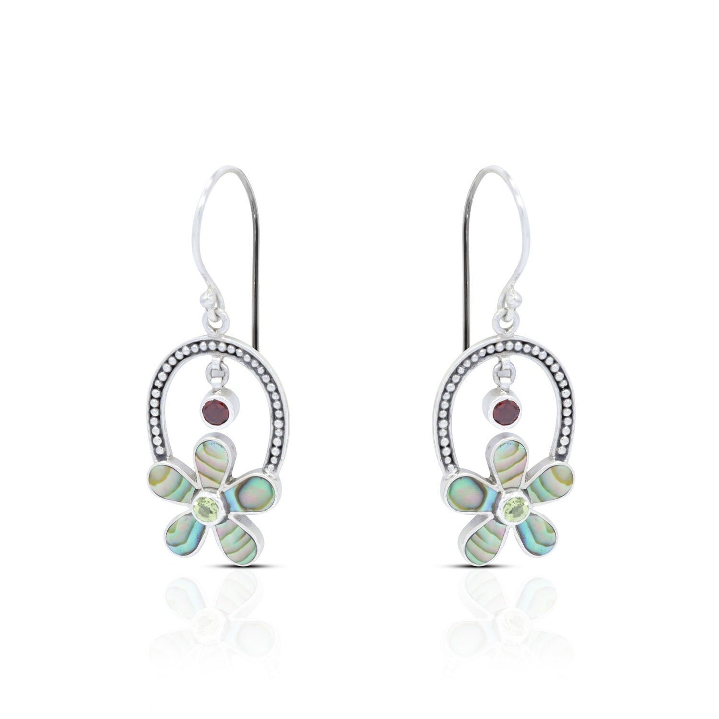 flower earrings 925 sterling silver with genuine paua shell and natural red garnet with green peridot