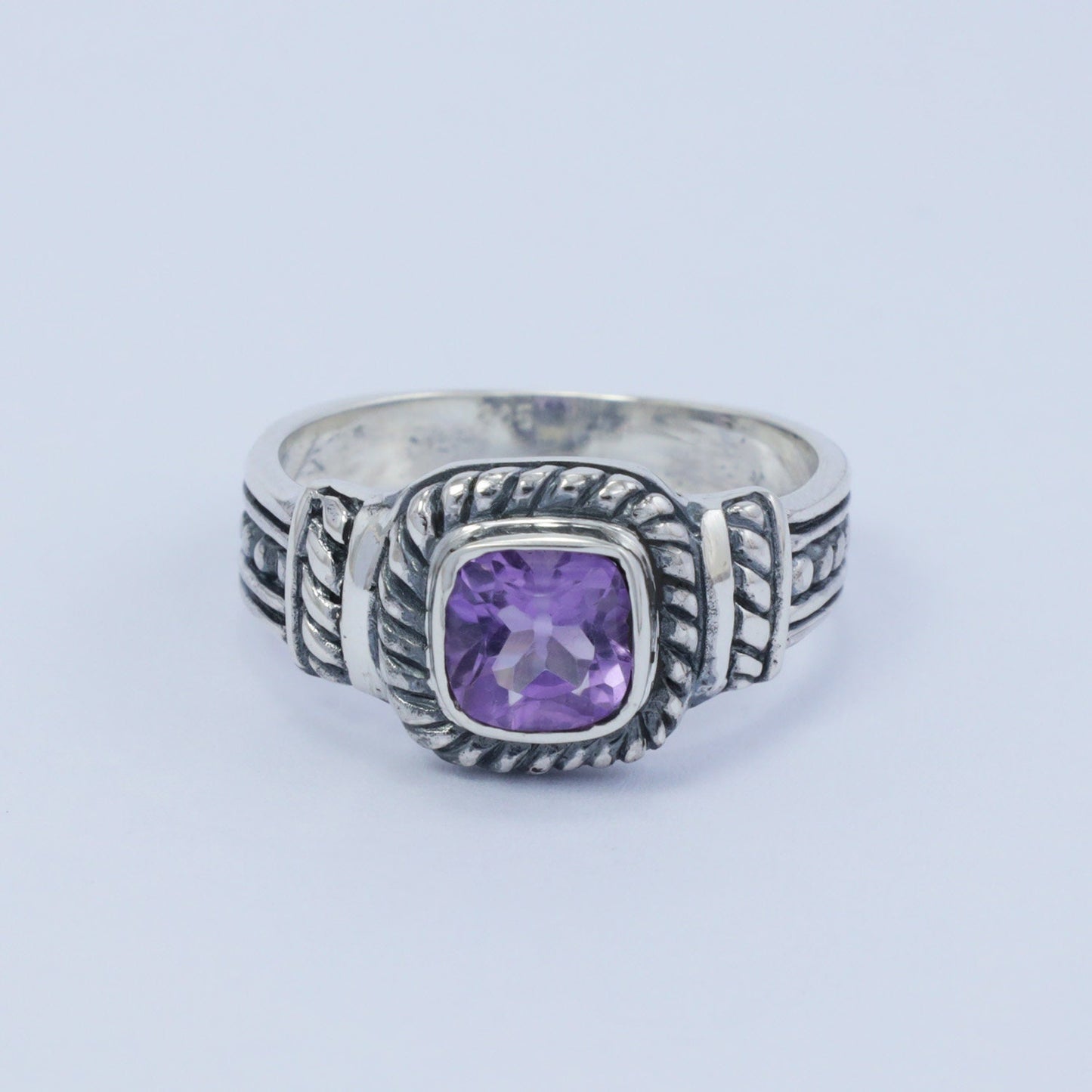 genuine amethyst ring 925 sterling silver decorated with cable style rope
