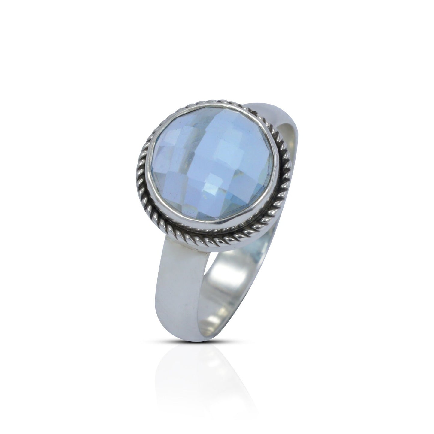 blue topaz ring 925 sterling silver with bezel set with cable rope edge