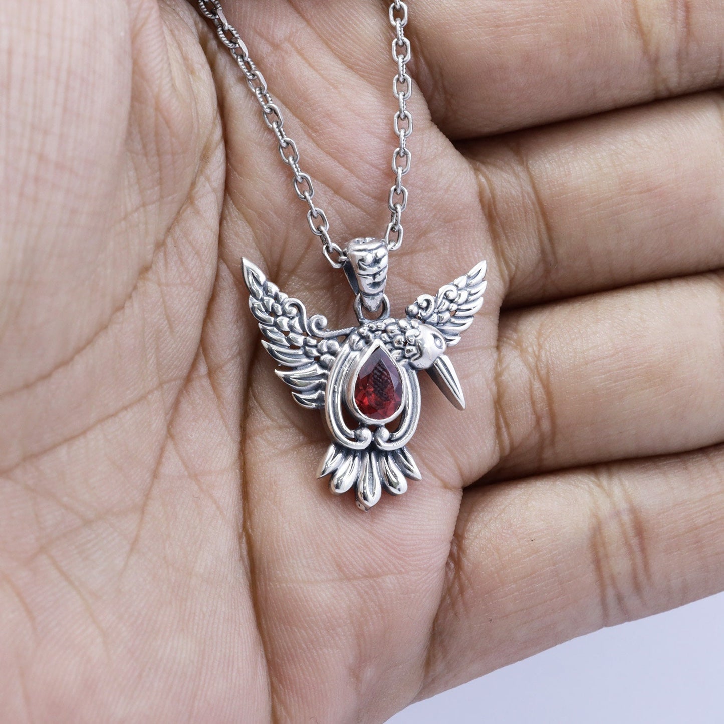 pigeon Bird pendant necklace 925 sterling silver with genuine red Garnet