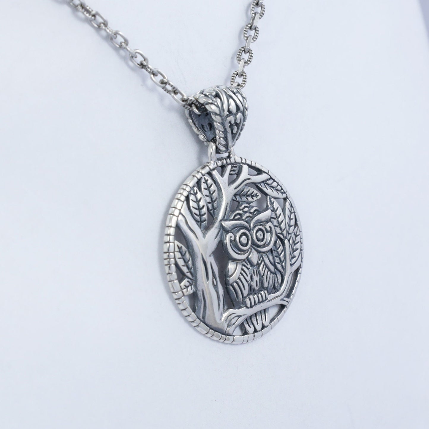 silver owl pendant 925 sterling silver decorated with nature forest panorama in antique finishing