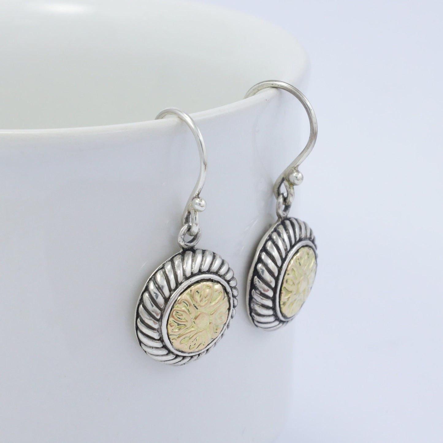Lotus earrings 925 sterling silver decorated with 18K gold ornament and antique finishing