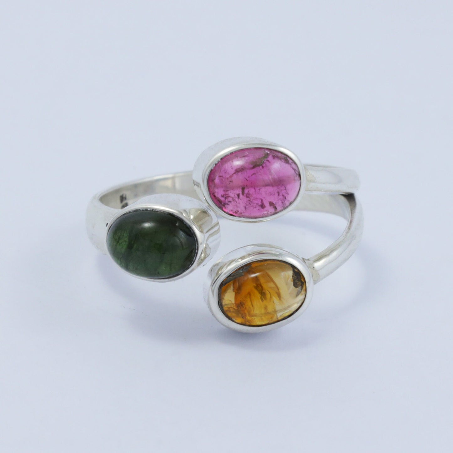 Bypass ring 925 sterling with natural multi color tourmaline bezel set