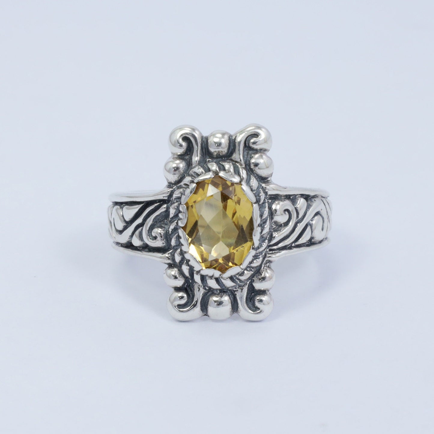 Genuine yellow citrine ring 925 sterling silver decorated with Bali swirl filigree inspired
