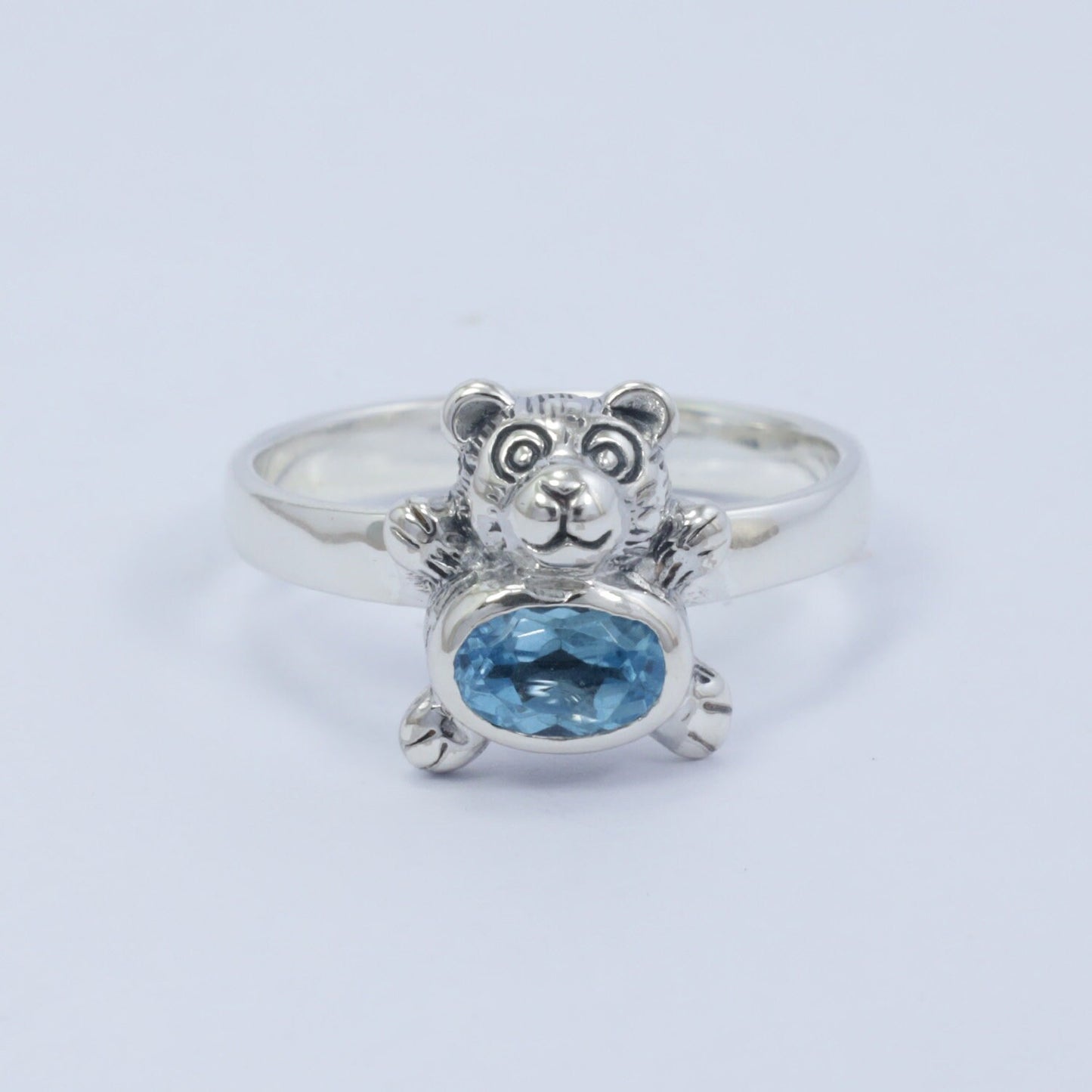 teddy bear ring 925 sterling silver with genuine blue topaz