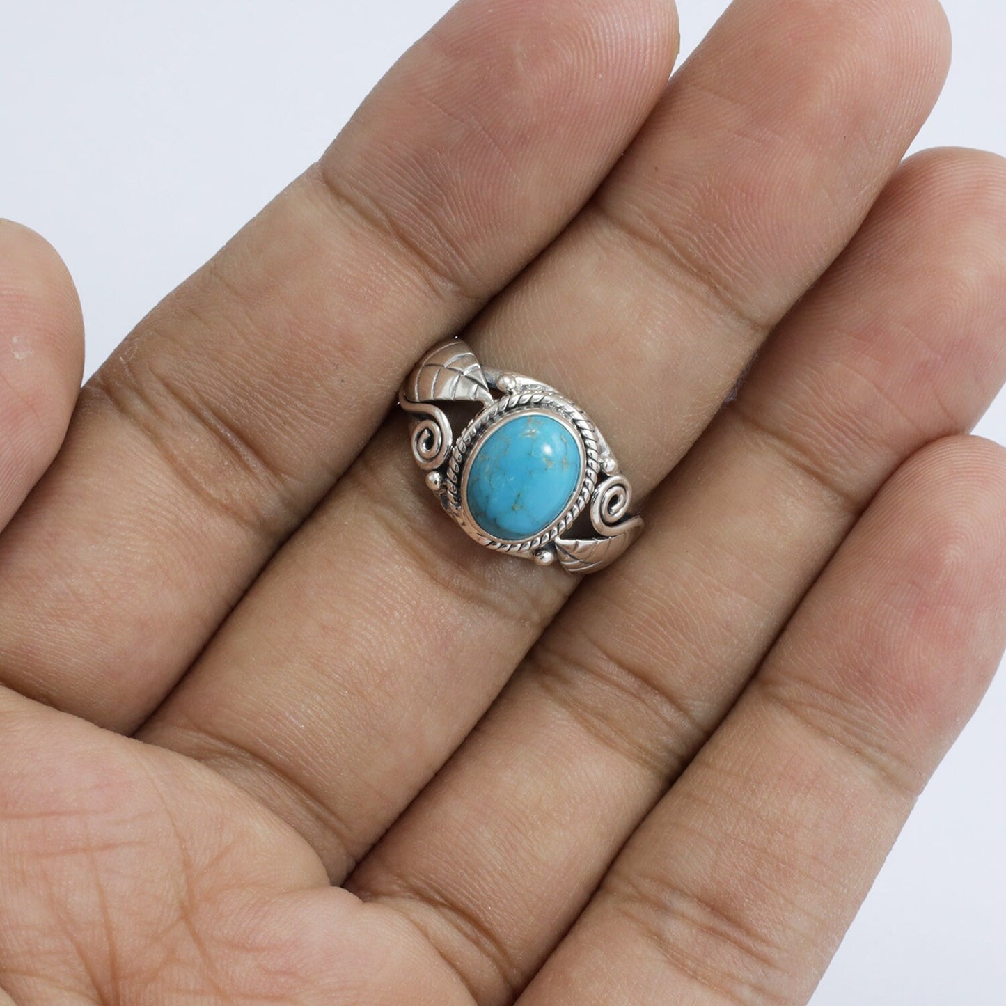 oval turquoise ring 925 sterling silver for women oval shape decorated with leaf ornament