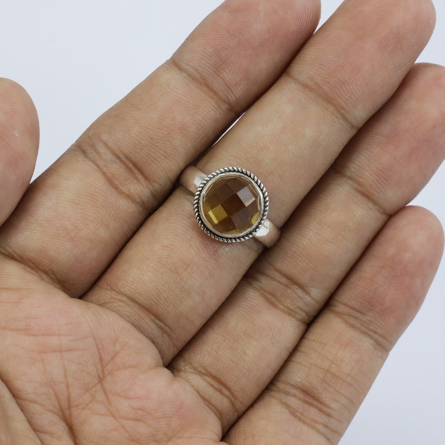 yellow citrine ring 925 sterling silver decorated with cable style edge bezel