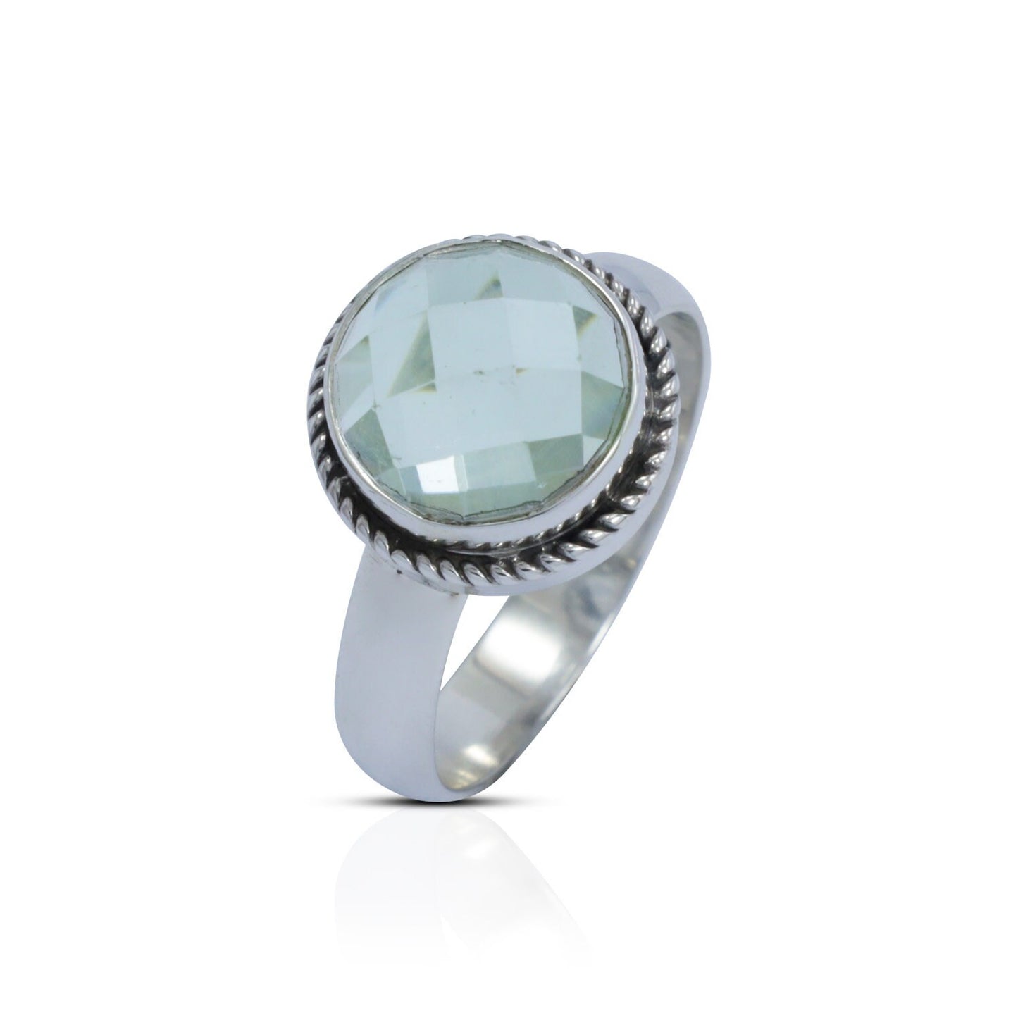 Round Green Amethyst ring 925 sterling silver With woven chain bezel ornament