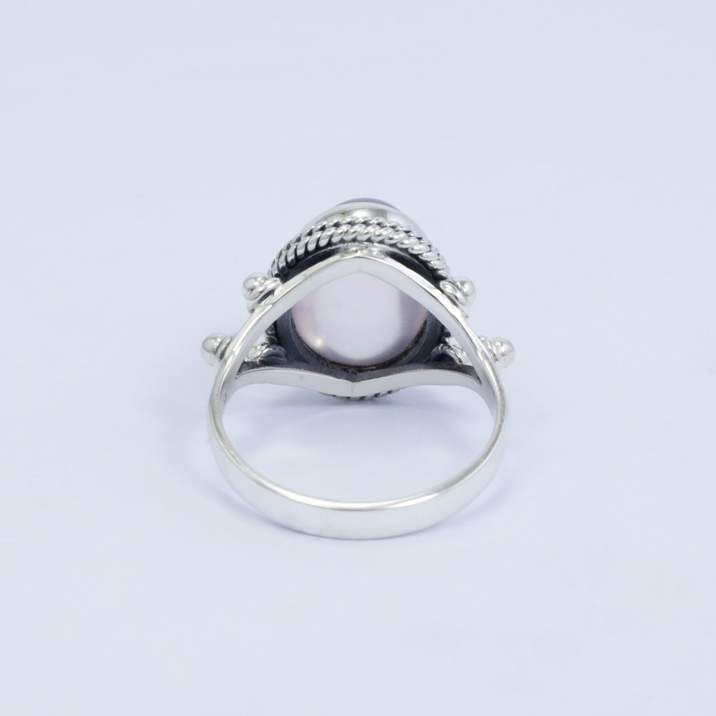 oval rose quartz ring 925 sterling silver with cable style ornament