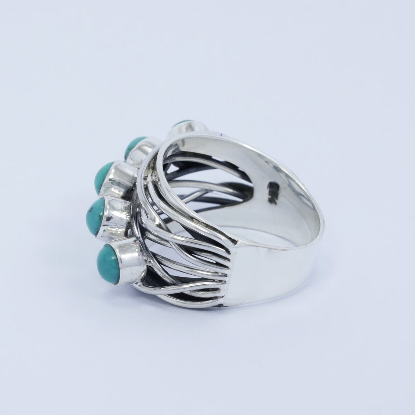 turquoise ring with woven style shank 925 sterling silver with genuine turquoise