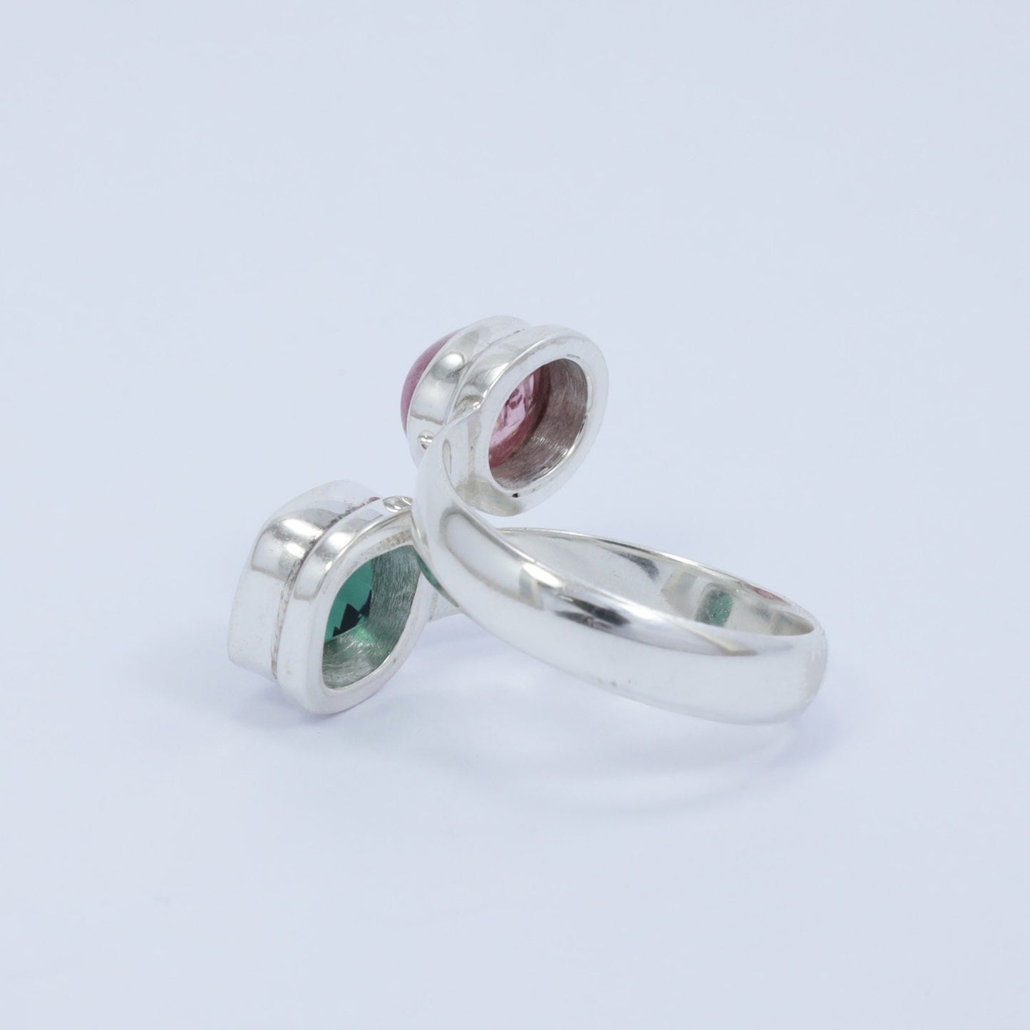 Bypass ring 925 sterling silver with genuine pink tourmaline and green quarts