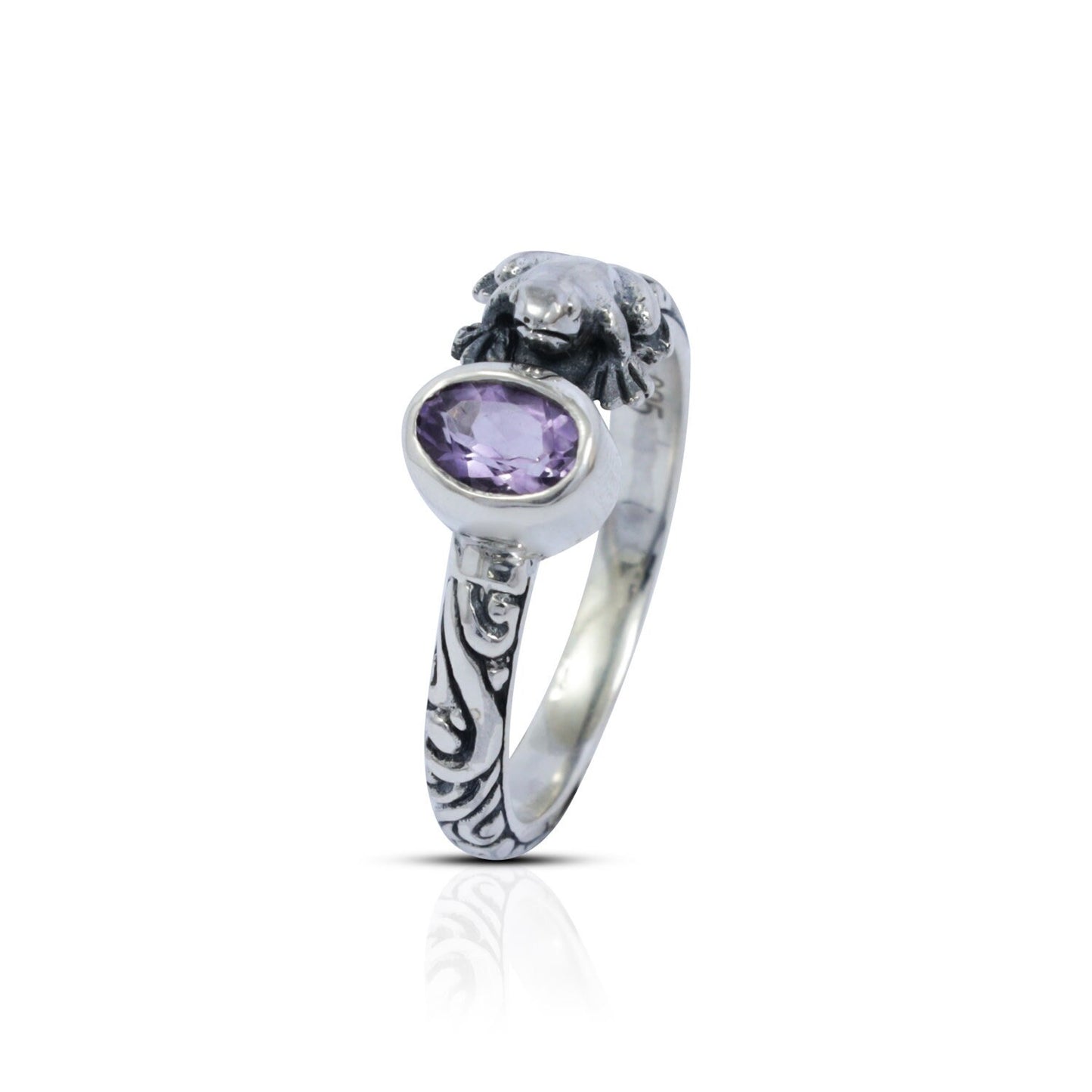 frog ring 925 sterling silver with cable style ornament and genuine amethyst