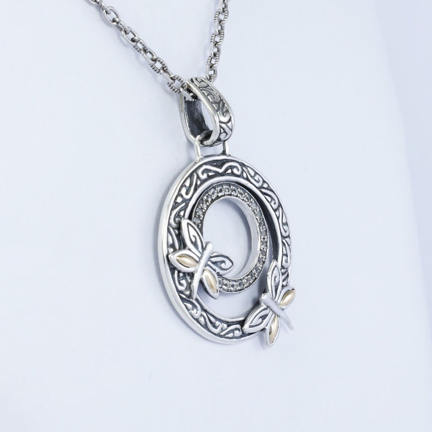 circle pendant 925 sterling silver with dragonfly ornament, 18K gold and white crystal