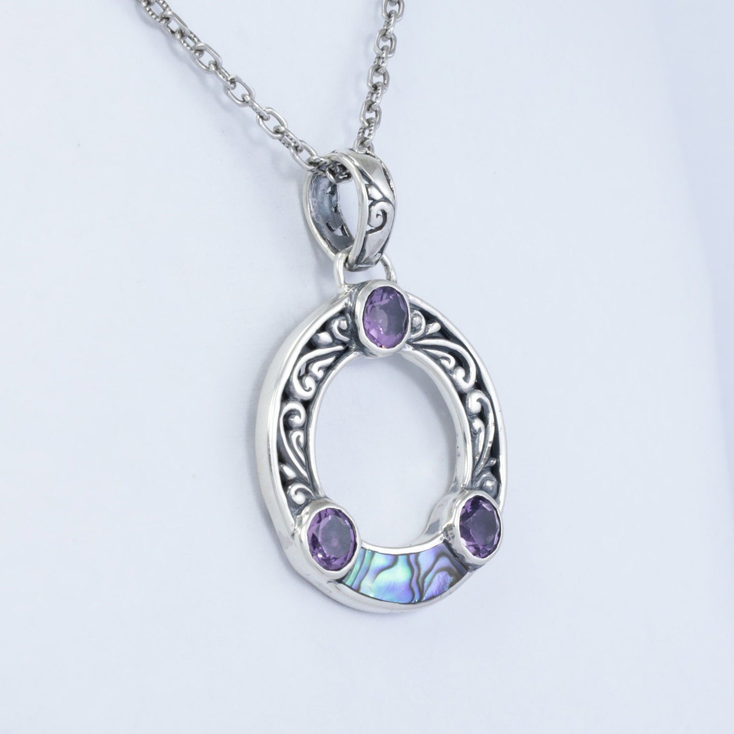 amethyst pendant circle shape 925 sterling silver with abalone shell and filigree ornament