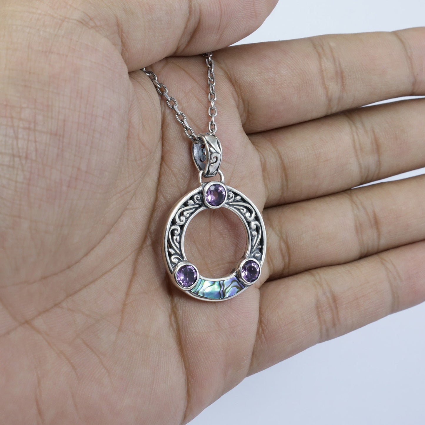 amethyst pendant circle shape 925 sterling silver with abalone shell and filigree ornament