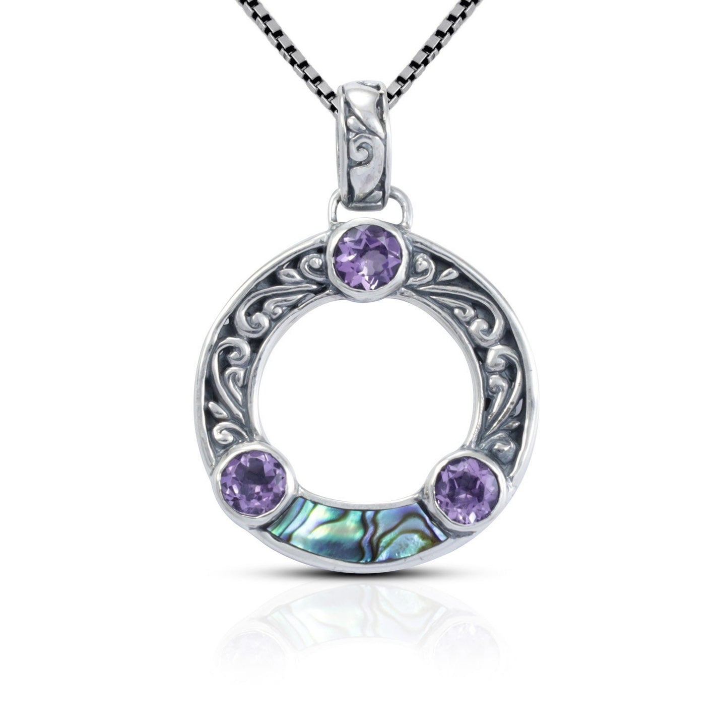 amethyst pendant circle shape 925 sterling silver with abalone shell and filigree ornament