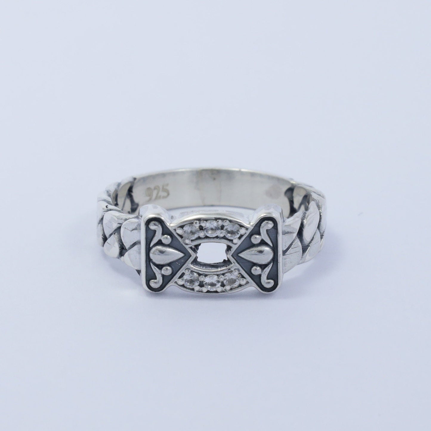 chain ring 925 sterling silver with filigree ornament and white crystal micro setting