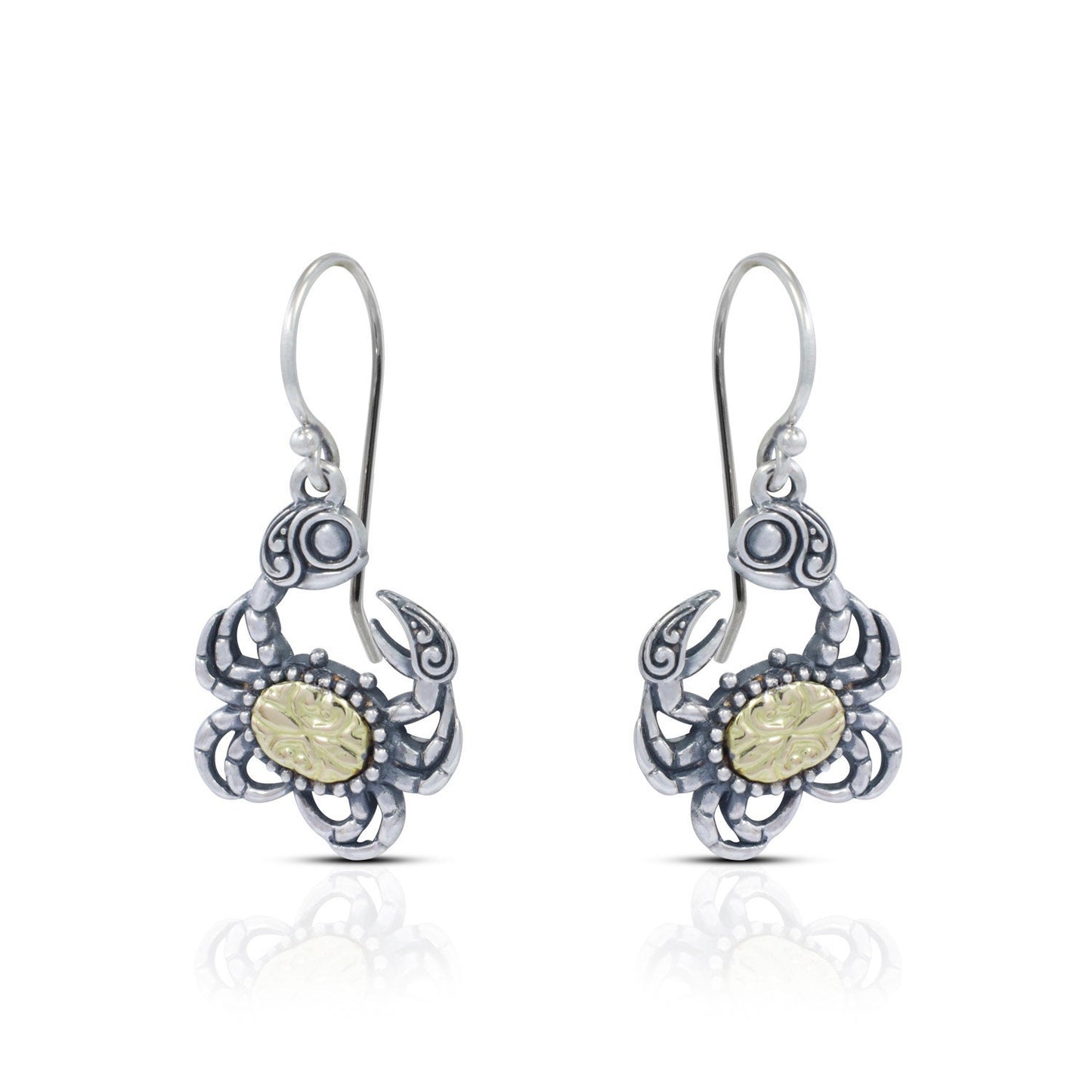 silver crab earrings 925 sterling silver decorated with genuine 18K yellow gold ornament