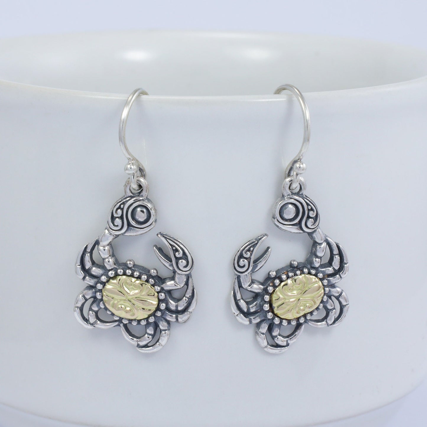 silver crab earrings 925 sterling silver decorated with genuine 18K yellow gold ornament
