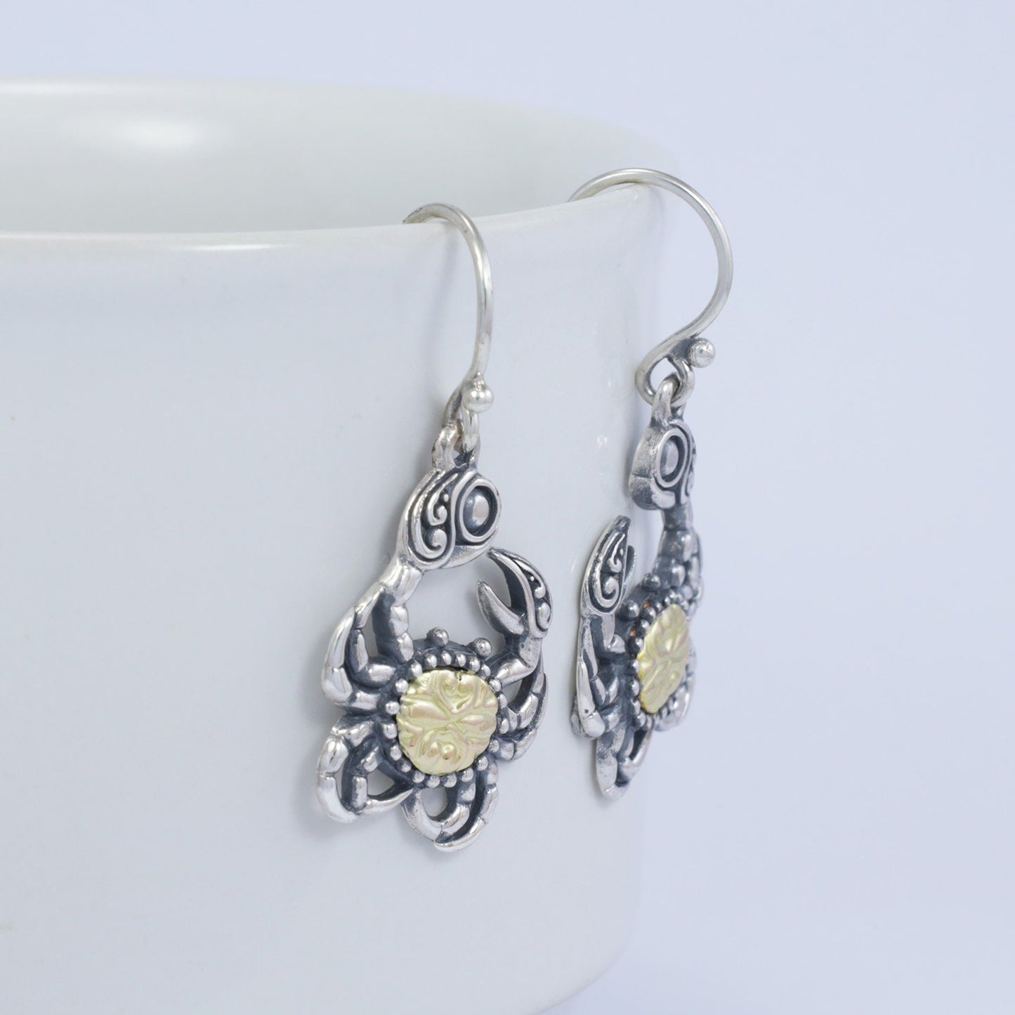 silver crab earrings 925 sterling silver decorated with genuine 18K yellow gold ornament