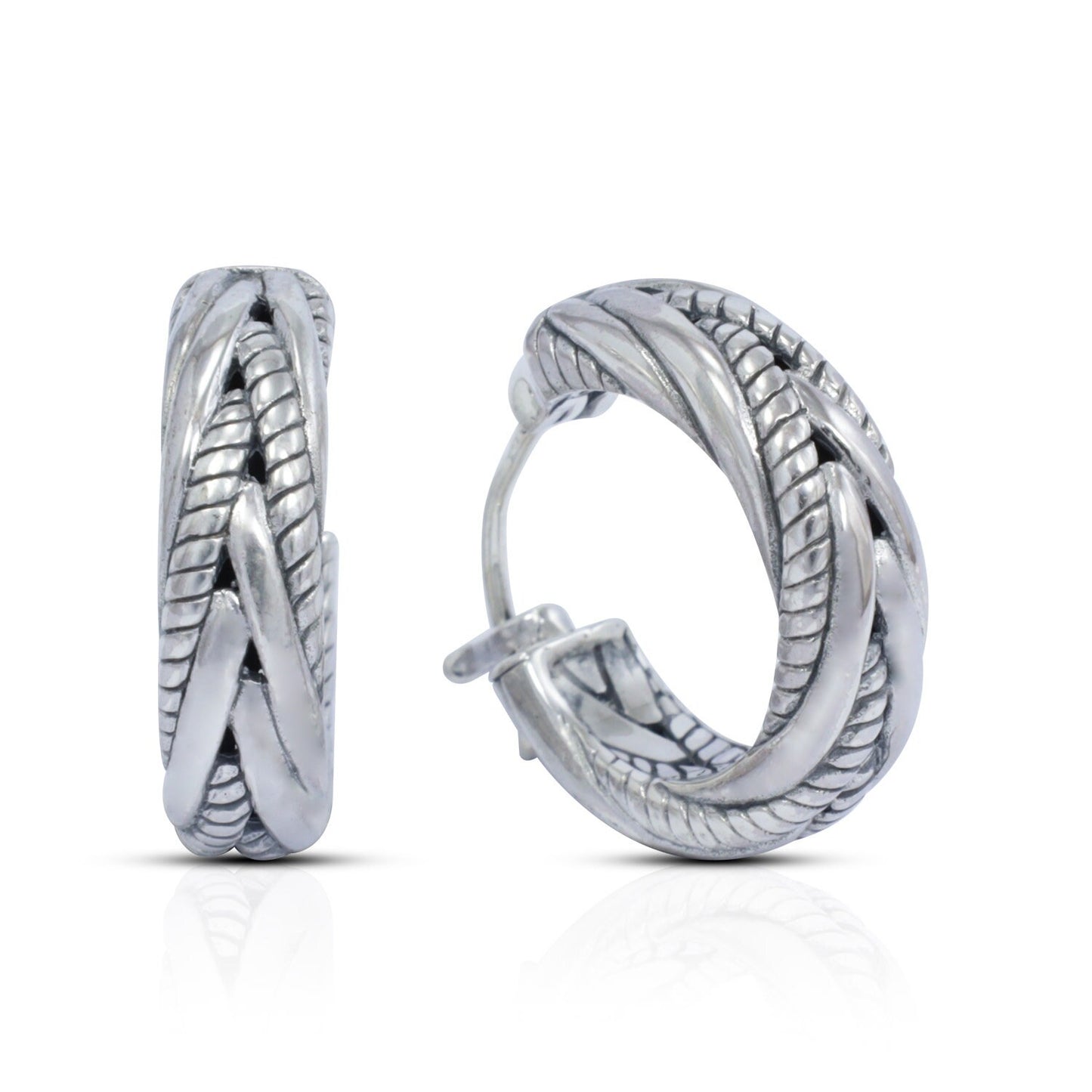 Hoop earrings 925 sterling silver decorated with woven art and push back closure