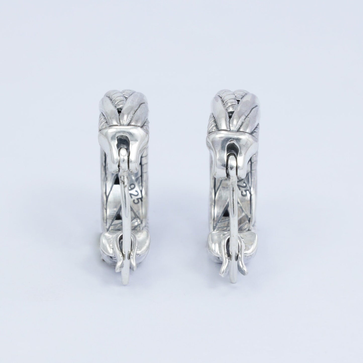 Hoop earrings 925 sterling silver decorated with woven art and push back closure