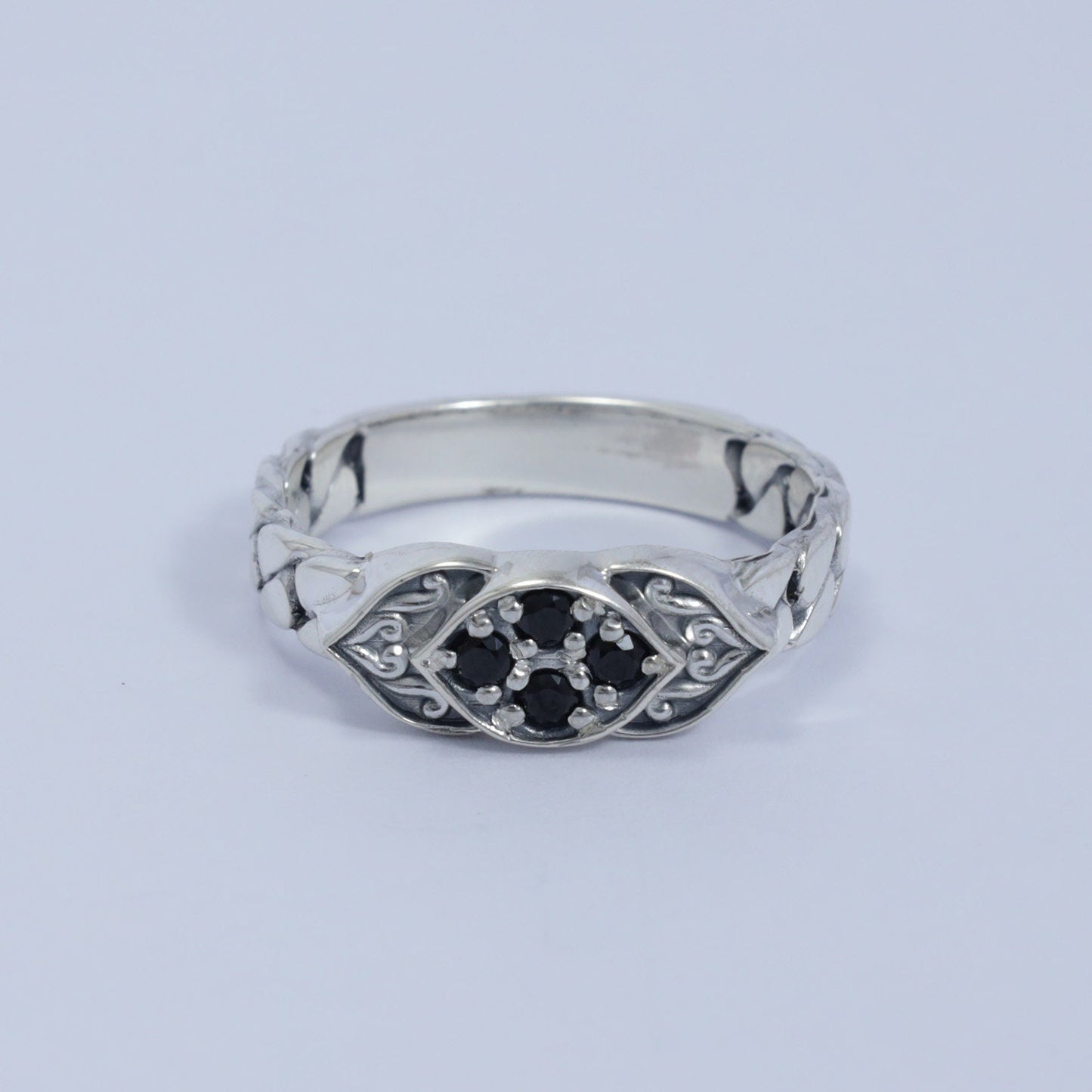 lotus ring 925 sterling silver with genuine black spinel and chain ornament